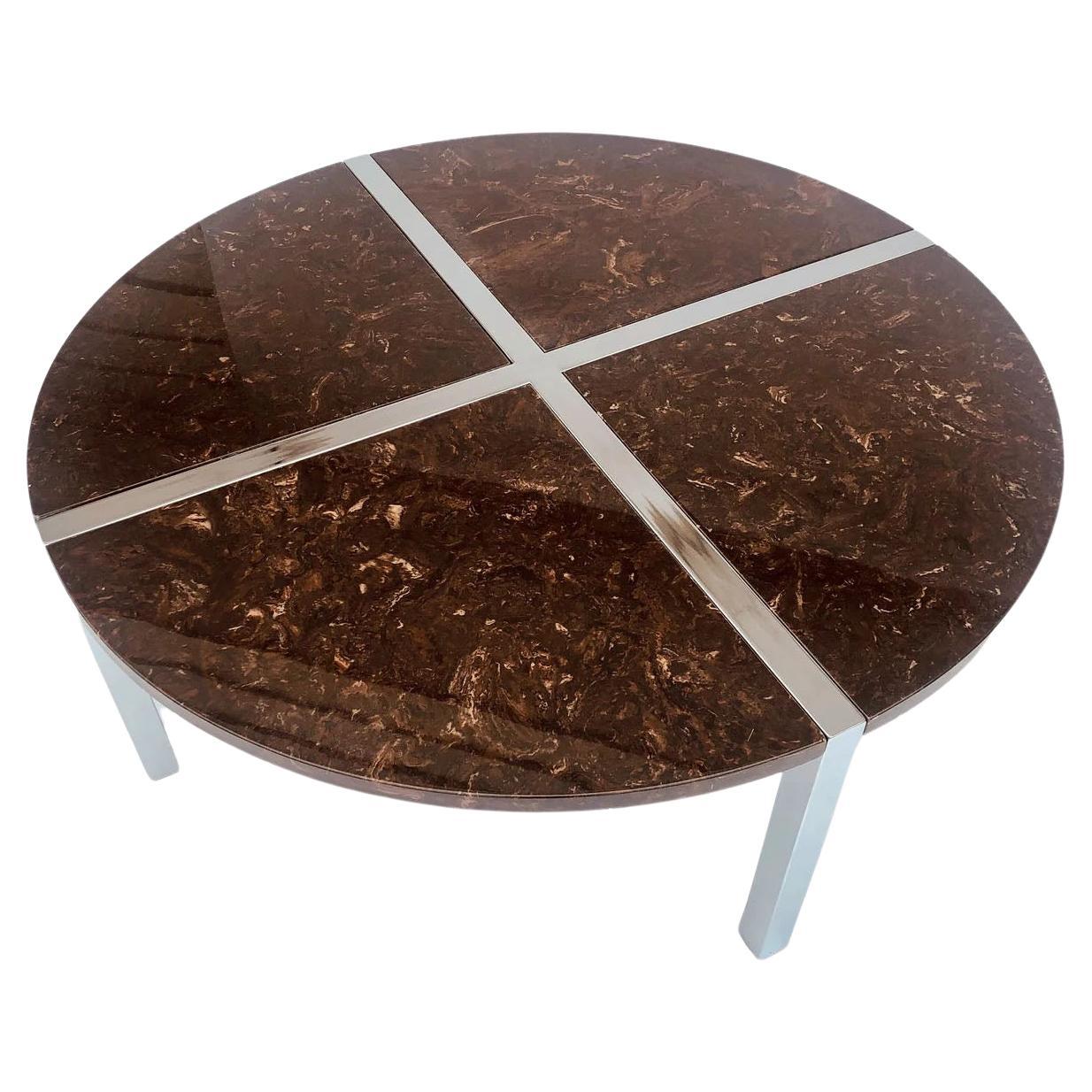 Mid Century Round Coffee Table in Chrome and Marble Baughman Style For Sale