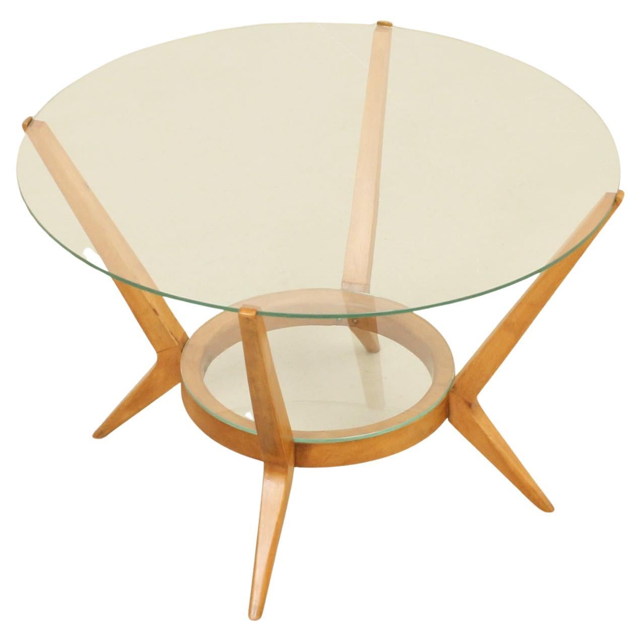 Table basse ronde du milieu du siècle en bois et verre