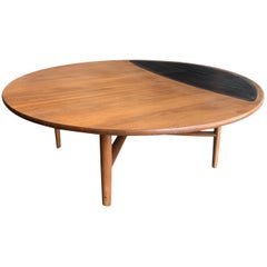 Midcentury Round Coffee Table with Leather