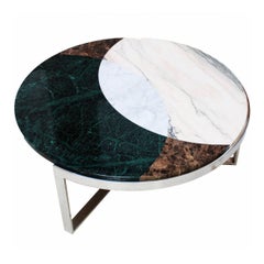 Round French Coffee Table With Marquetery Work Of Marble and Stell, France 1970