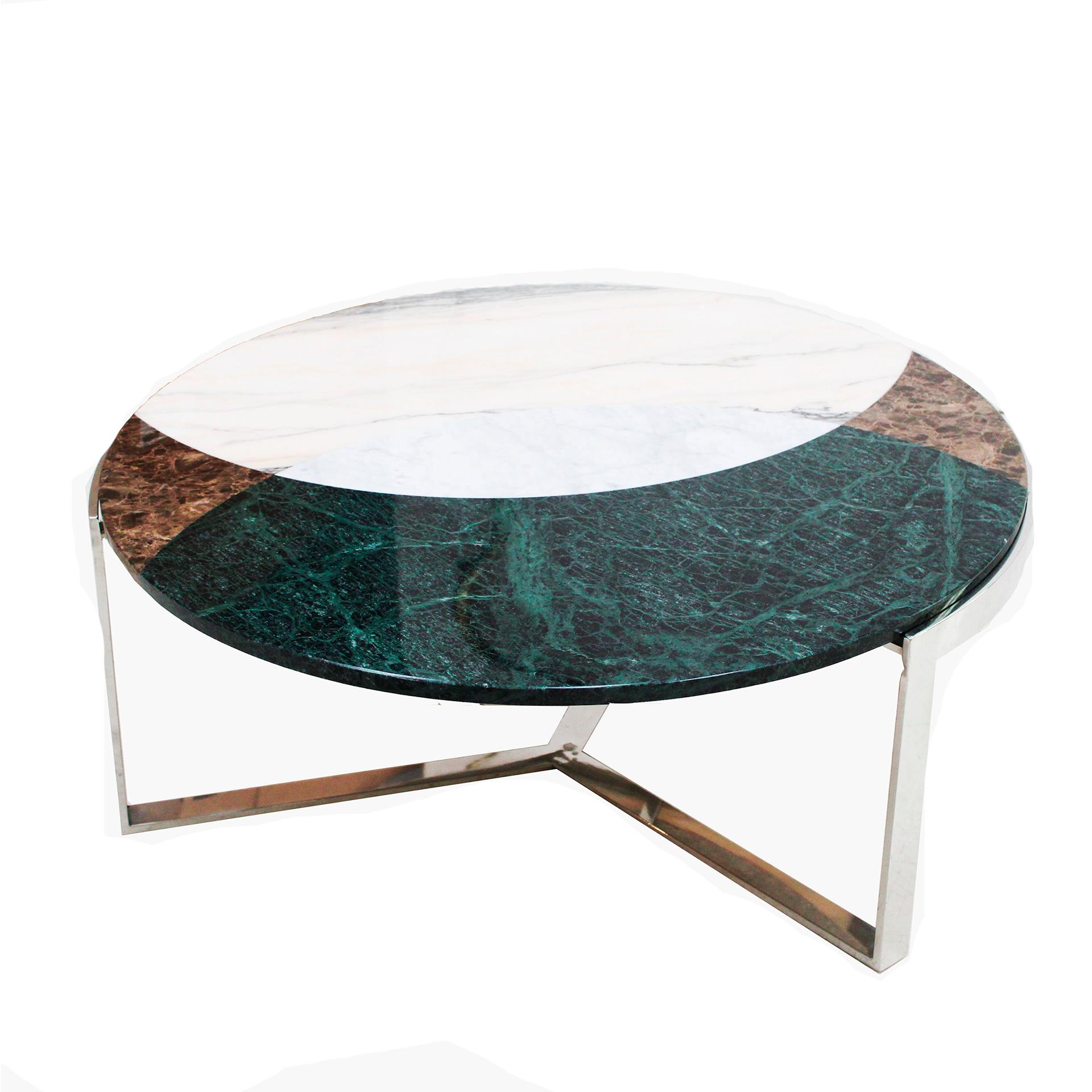 Mid-Century Modern Round French Coffee Table With Marquetery Work Of Marble and Stell, France 1970