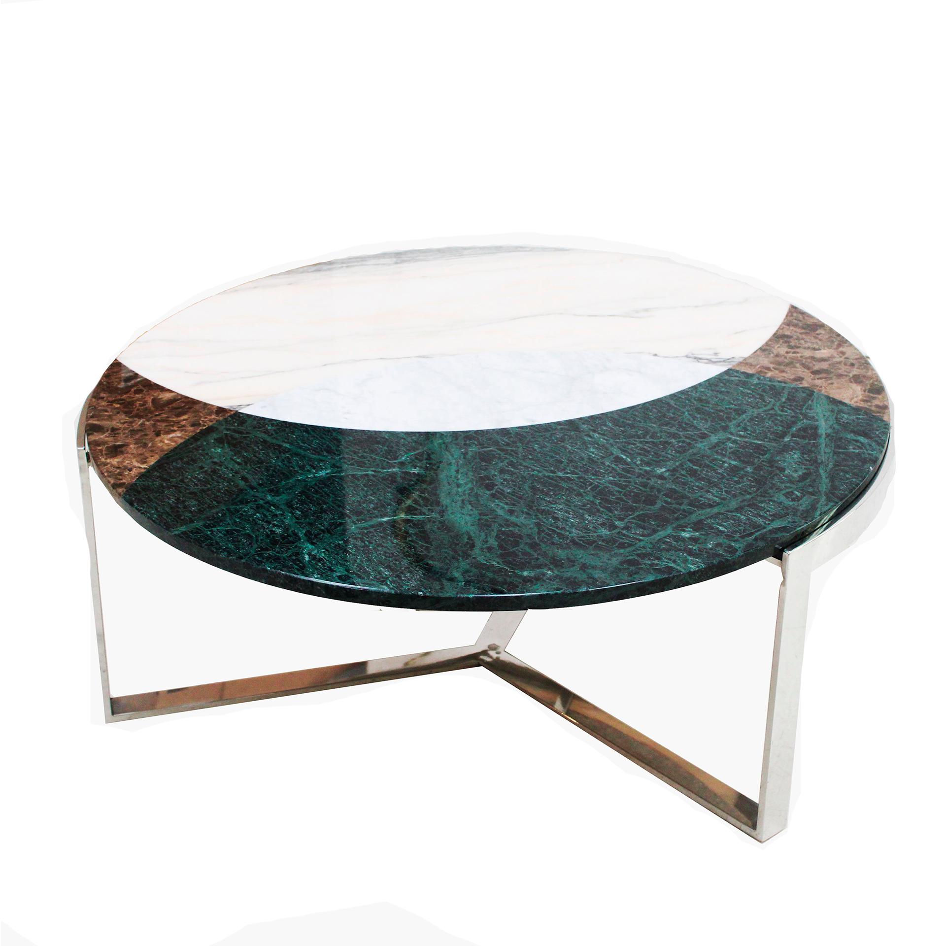 Mid-Century Modern Round Coffee Table With Marquetery Work Of Marble and Stell, France 1970 For Sale