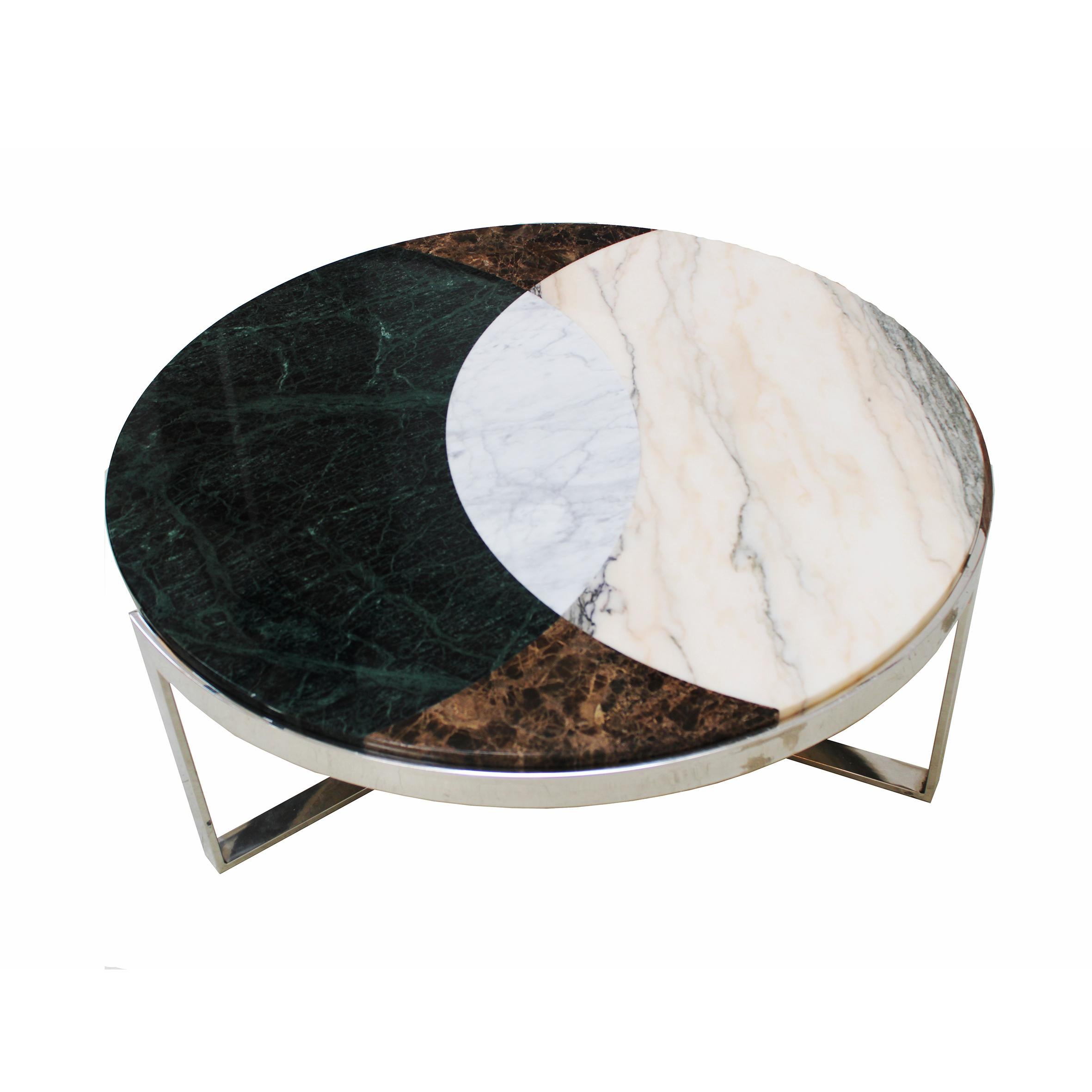 French Round Coffee Table With Marquetery Work Of Marble and Stell, France 1970 For Sale