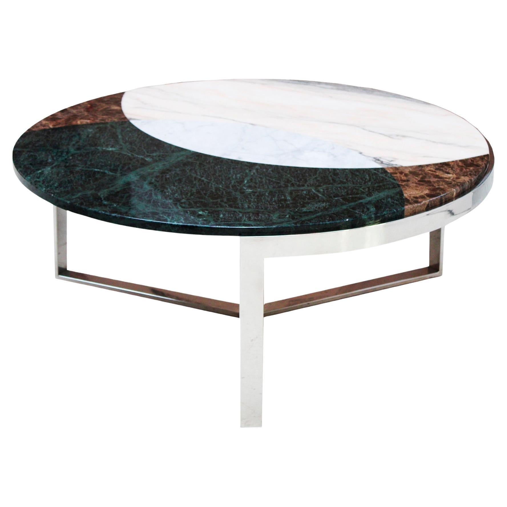 Round Coffee Table With Marquetery Work Of Marble and Stell, France 1970 For Sale