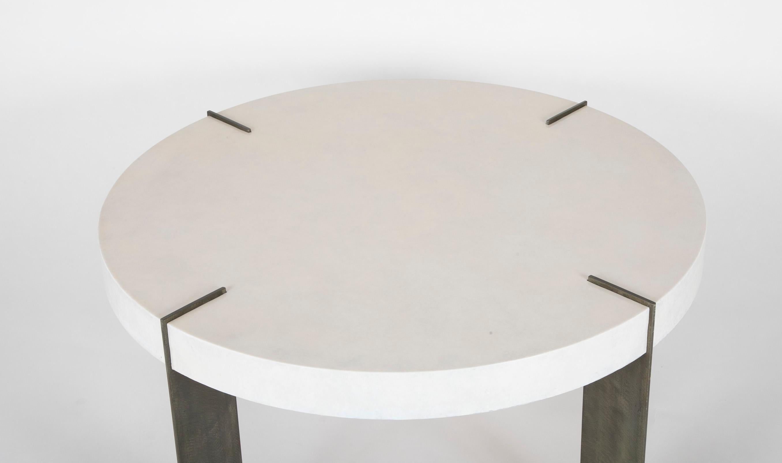 Modern Mid-Century Round Coffee Table with Patinated Metal Legs & Parchment Top