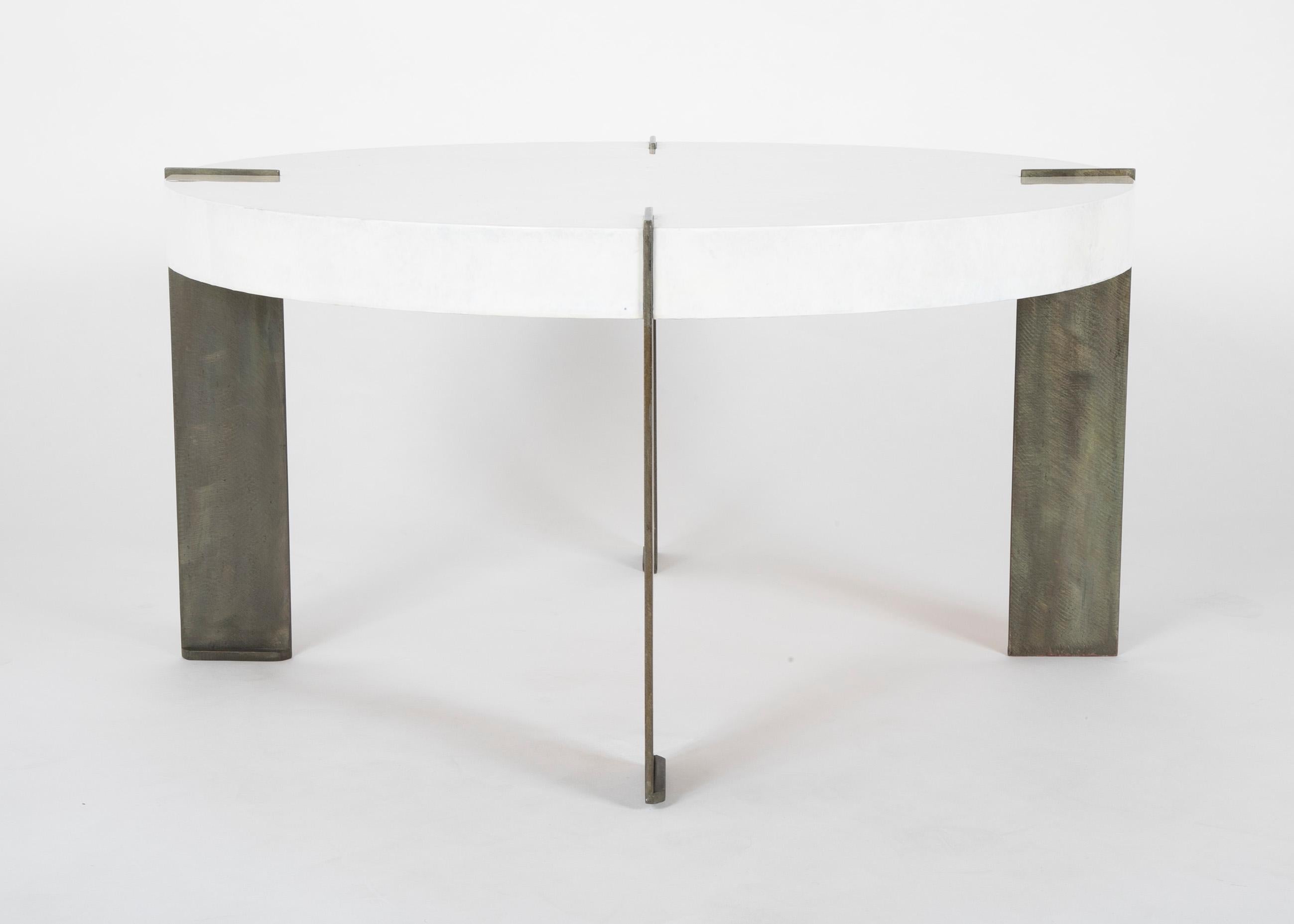 Late 20th Century Mid-Century Round Coffee Table with Patinated Metal Legs & Parchment Top