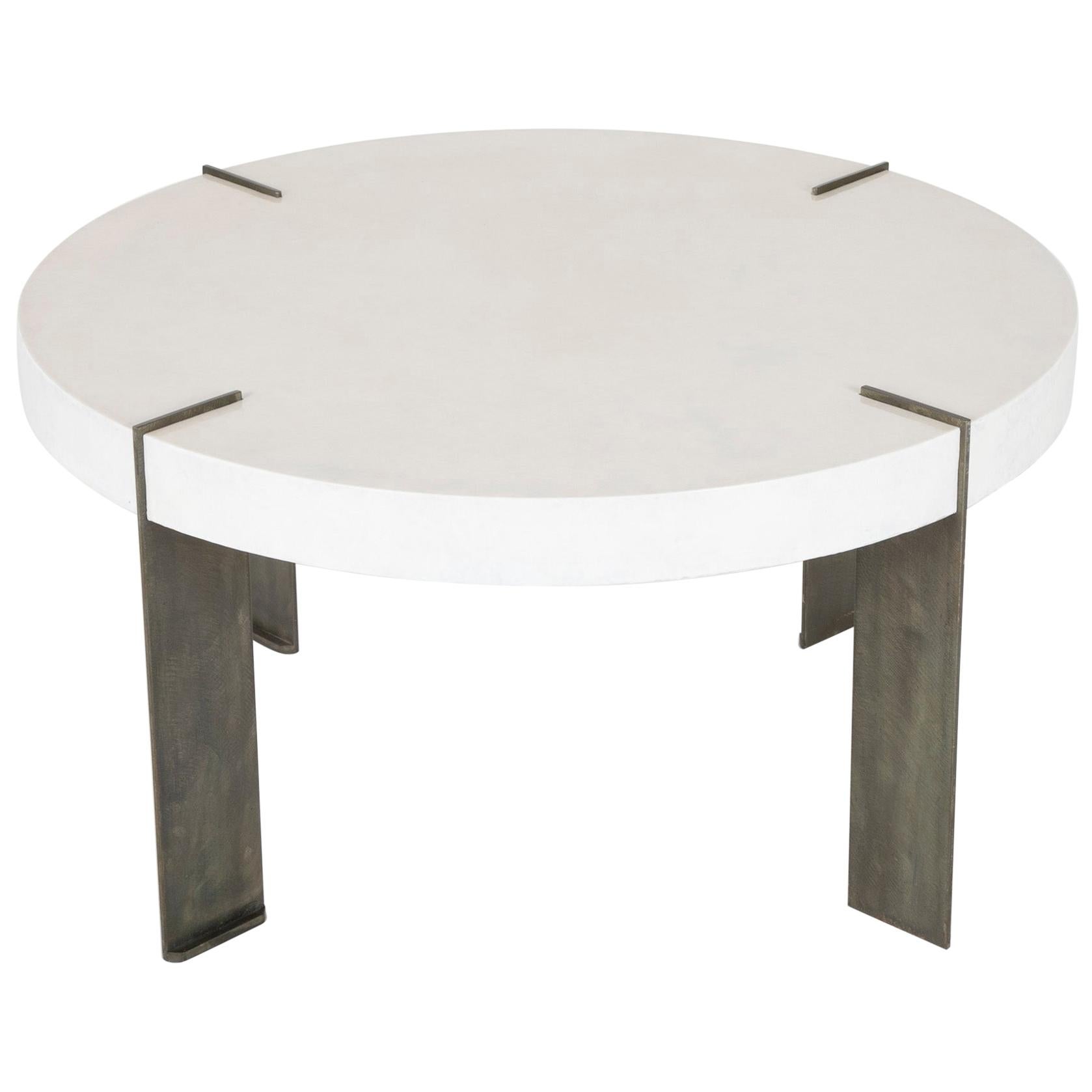 Mid-Century Round Coffee Table with Patinated Metal Legs & Parchment Top