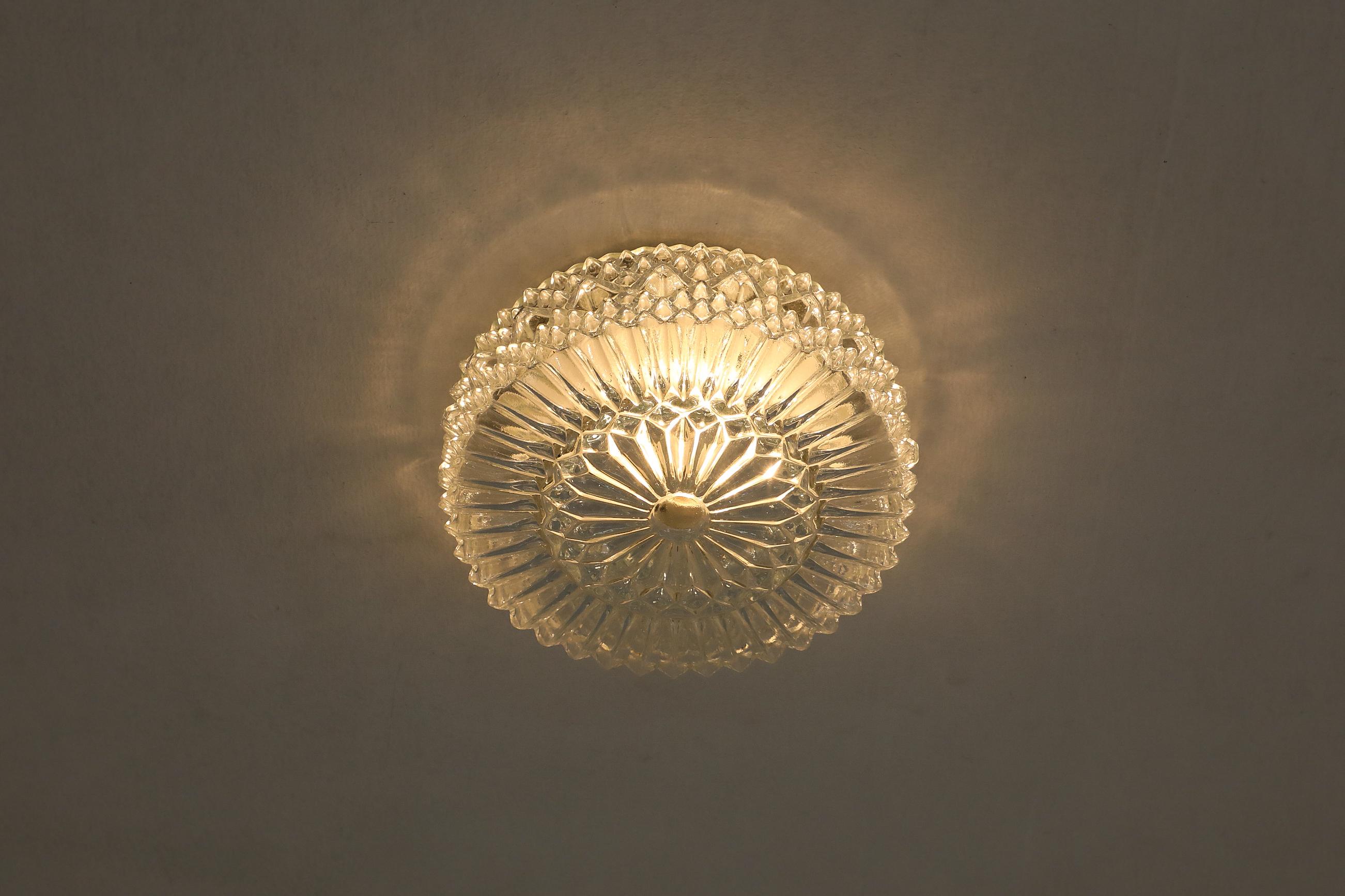 Mid-Century Round Daisy Pressed Glass Ceiling or Wall Sconce In Good Condition For Sale In Los Angeles, CA