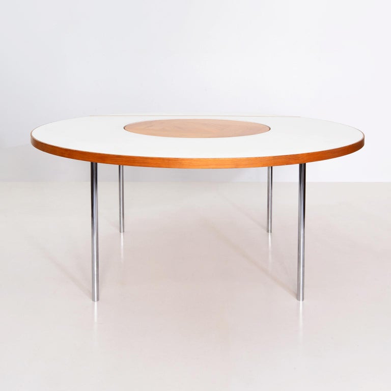 Mid Century Round Dining Table Chrome Feet White Laminate And Pine Top 1950 For At 1stdibs Mid Century Round Dining Table Chrome, Round Dining Table Laminate Top
