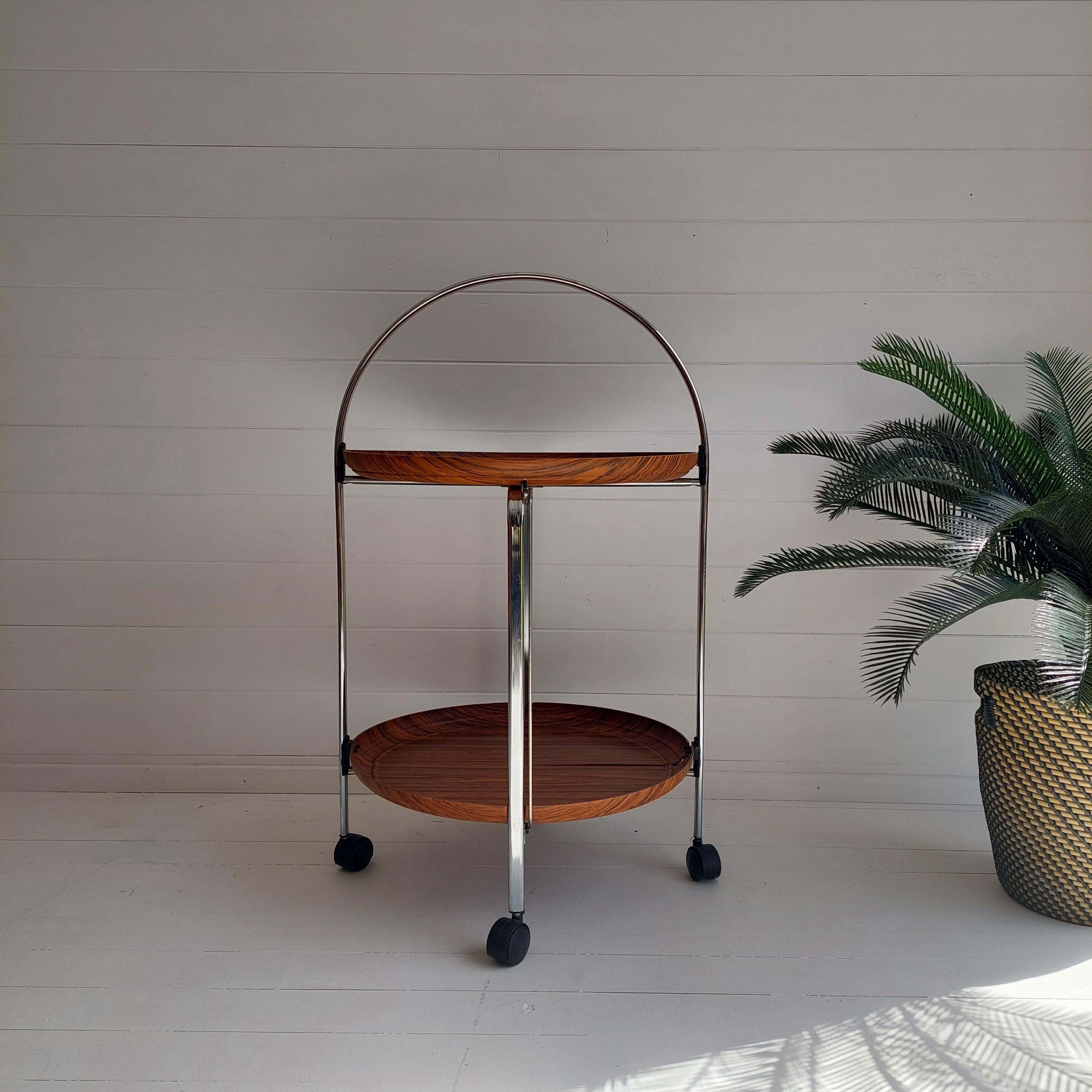 Mid-Century Modern Mid Century Round Foldable Trolley Drinks Cart Chrome And Formica, Germany 1960s