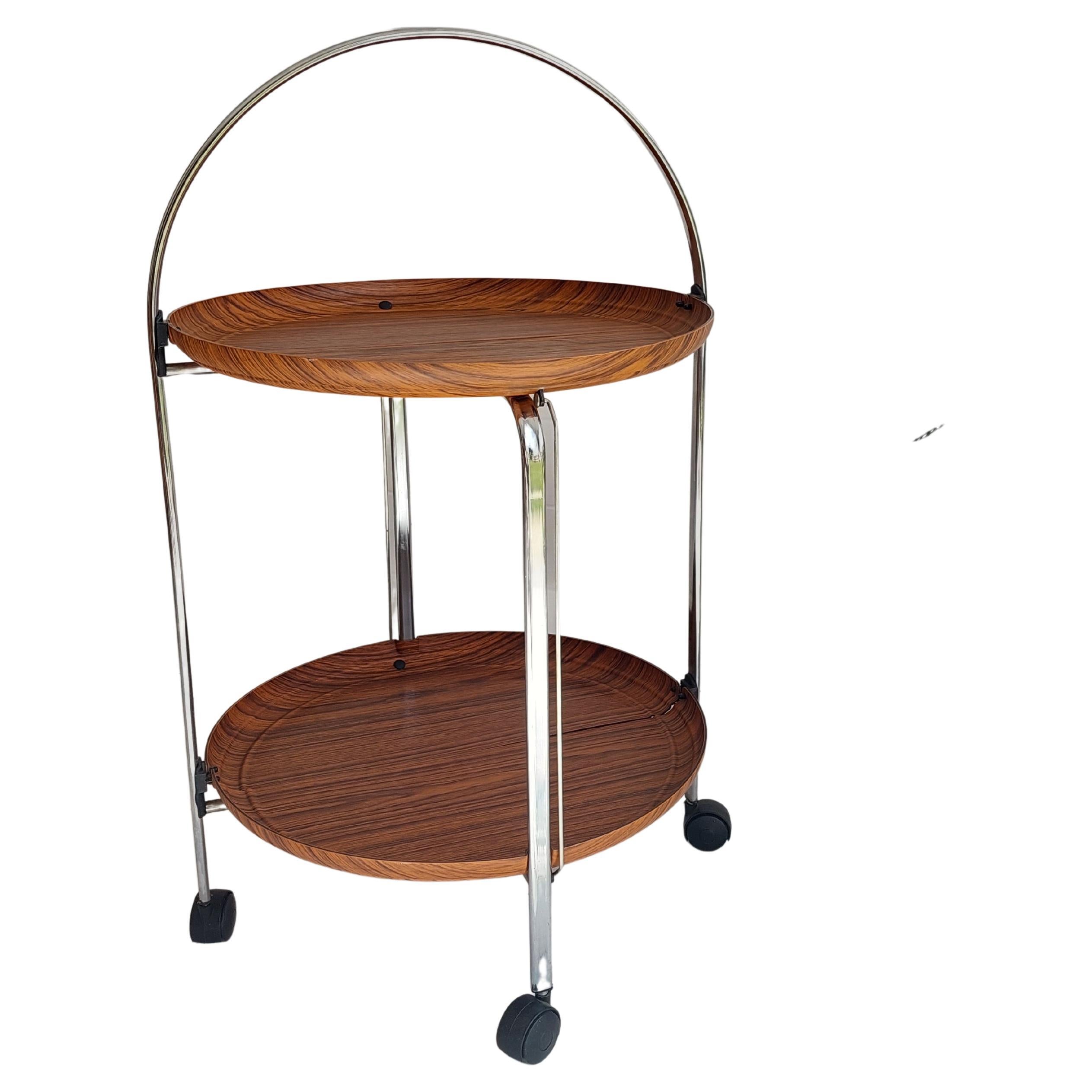 Mid Century Round Foldable Trolley Drinks Cart Chrome And Formica, Germany 1960s