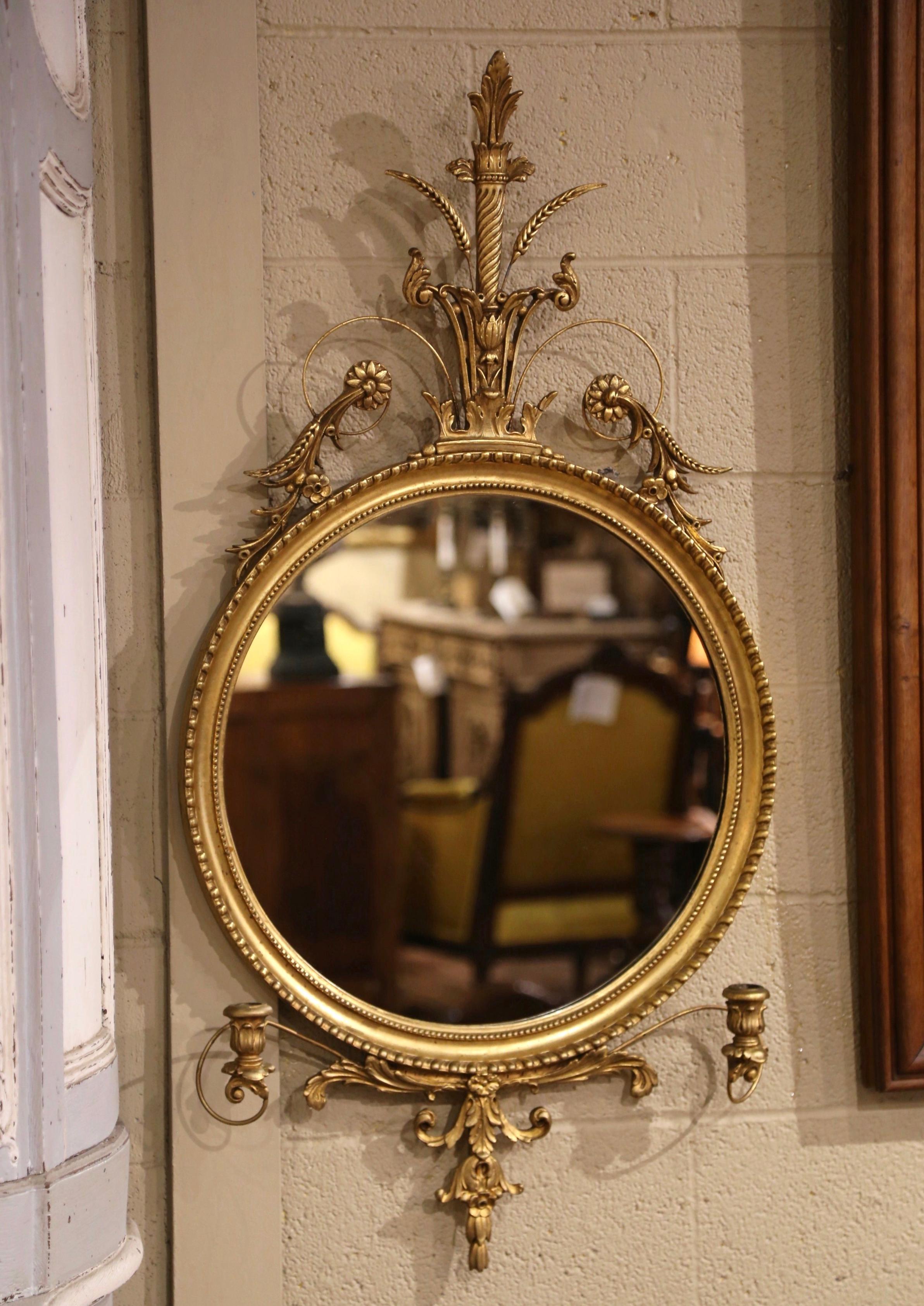 Mid-Century Round Giltwood Wall Mirror with Candle Holders For Sale 7