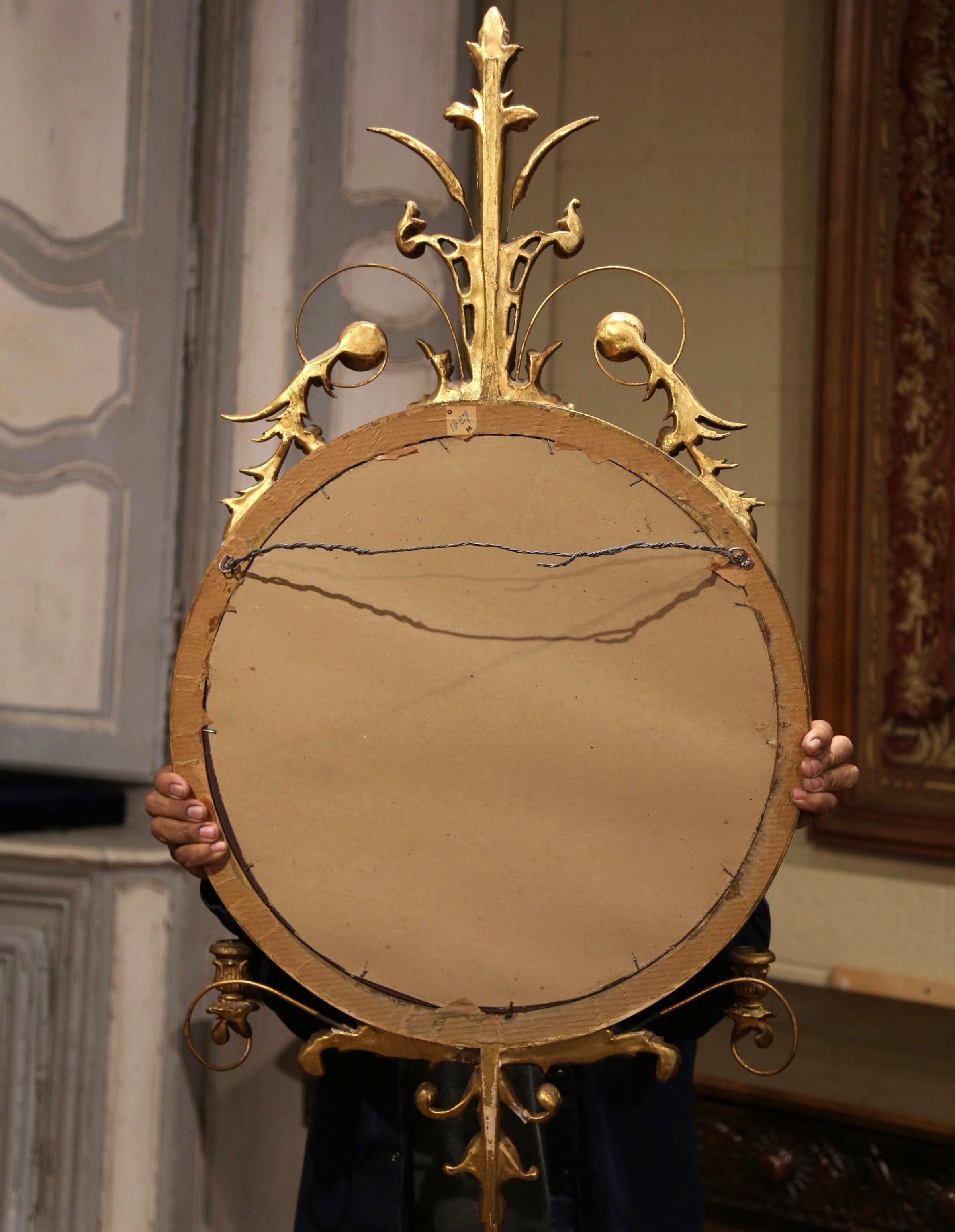 Mid-Century Round Giltwood Wall Mirror with Candle Holders For Sale 8