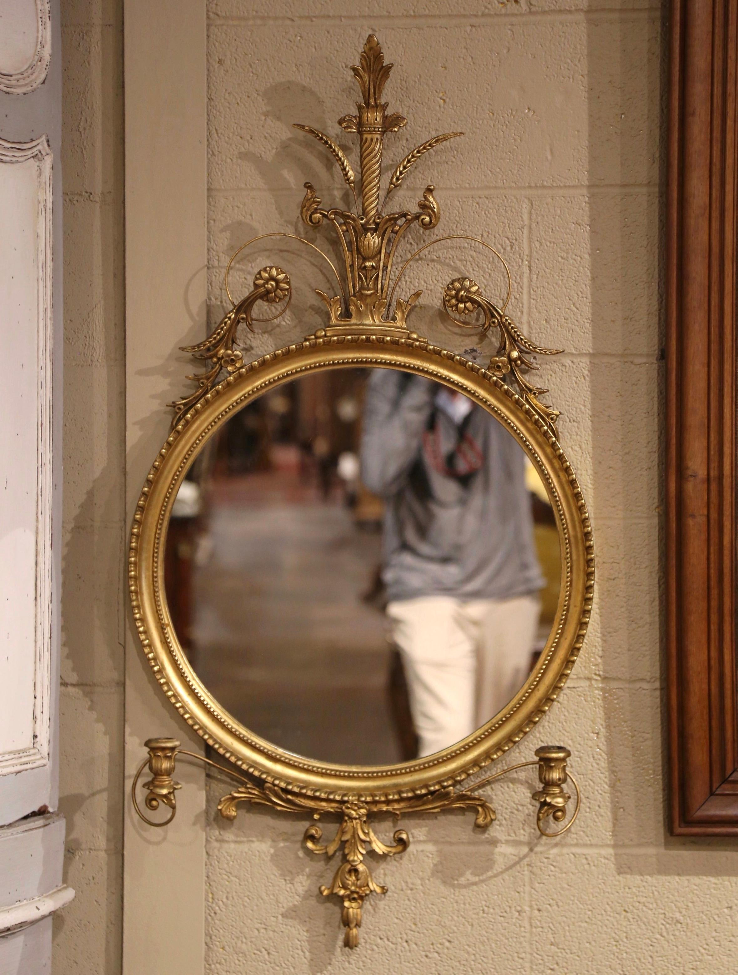 Mid-Century Round Giltwood Wall Mirror with Candle Holders In Excellent Condition For Sale In Dallas, TX