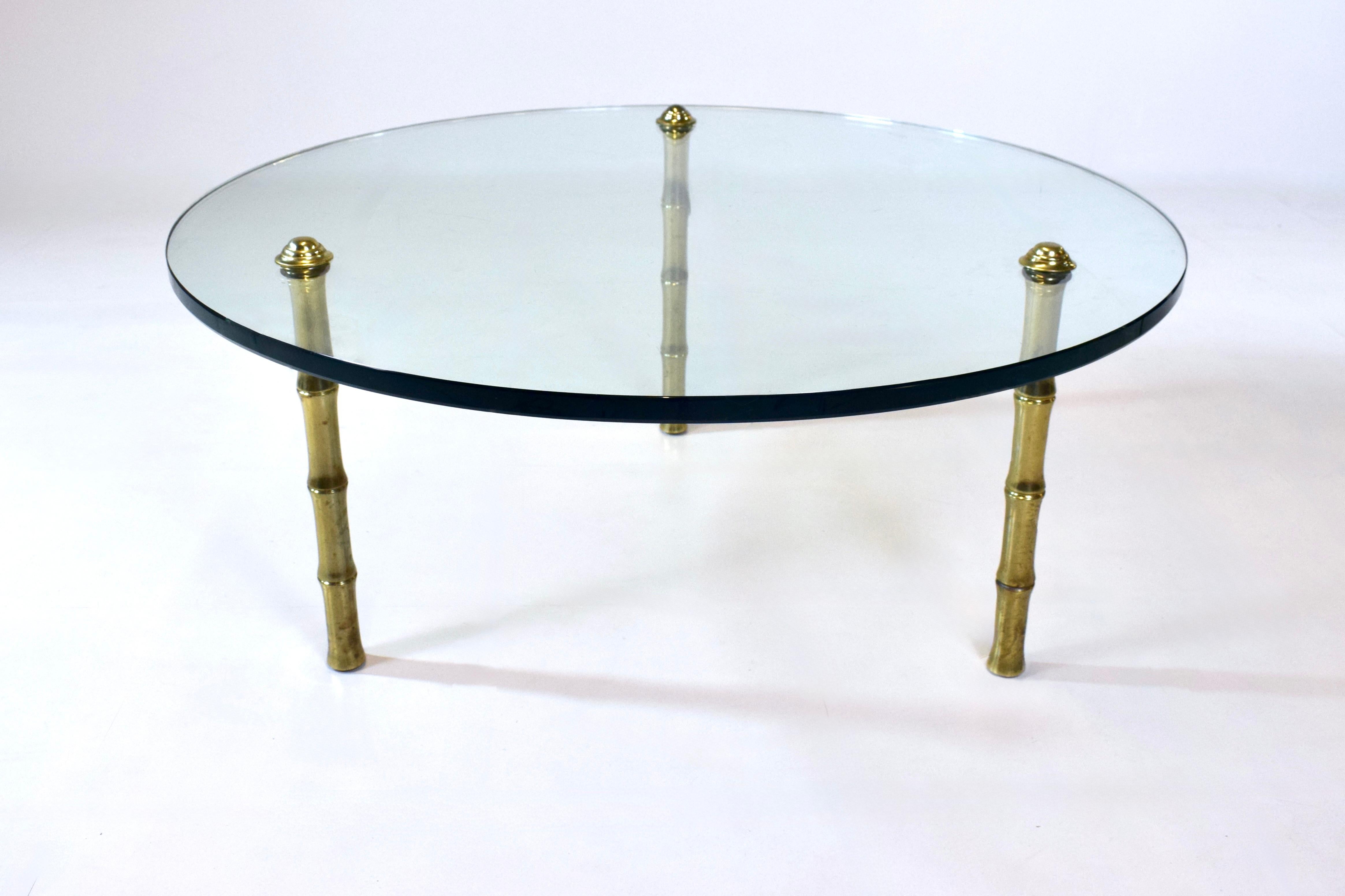 Mid-Century Modern Mid-Century Round Glass, Brass Cocktail Table, Manner of Pepe Mendoza For Sale