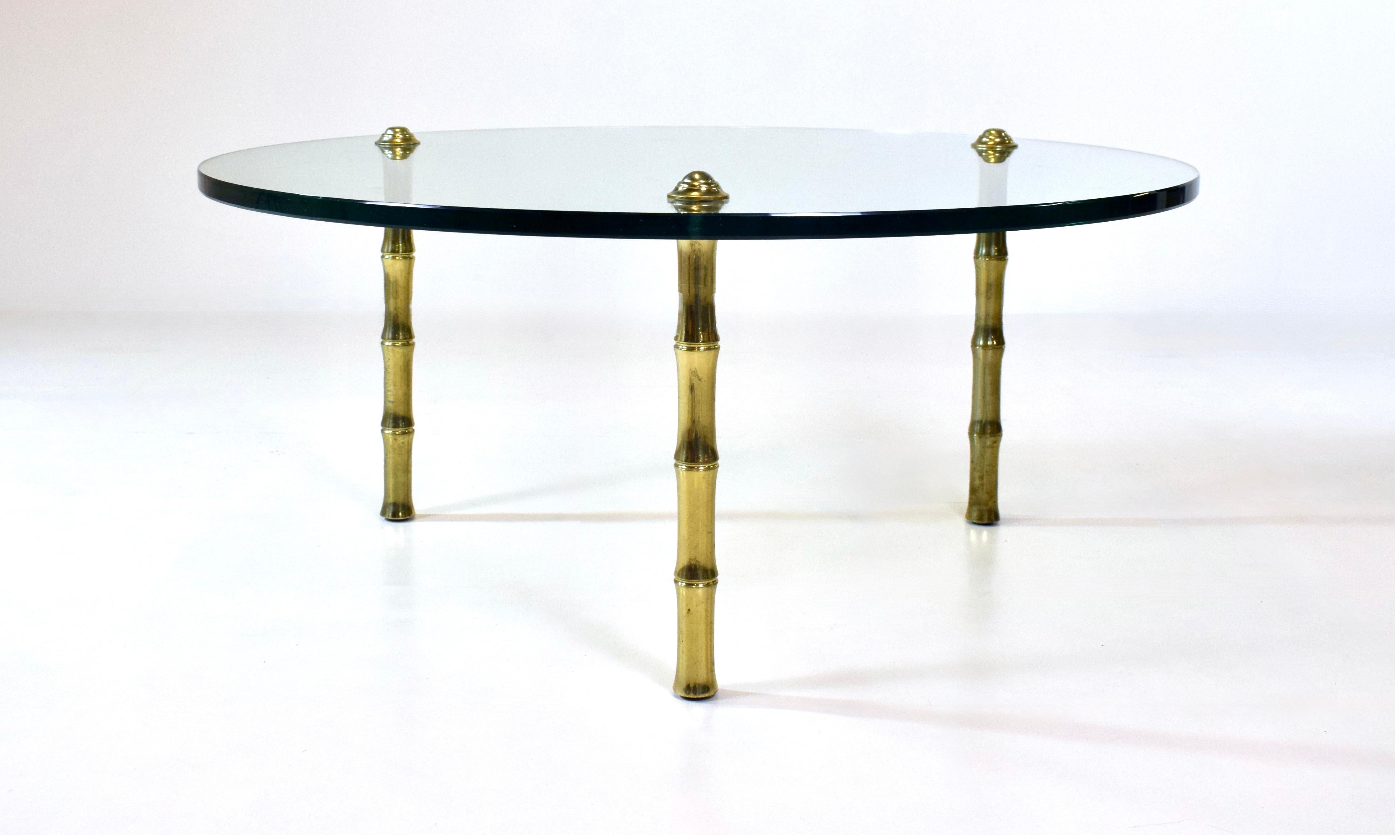 American Mid-Century Round Glass, Brass Cocktail Table, Manner of Pepe Mendoza For Sale