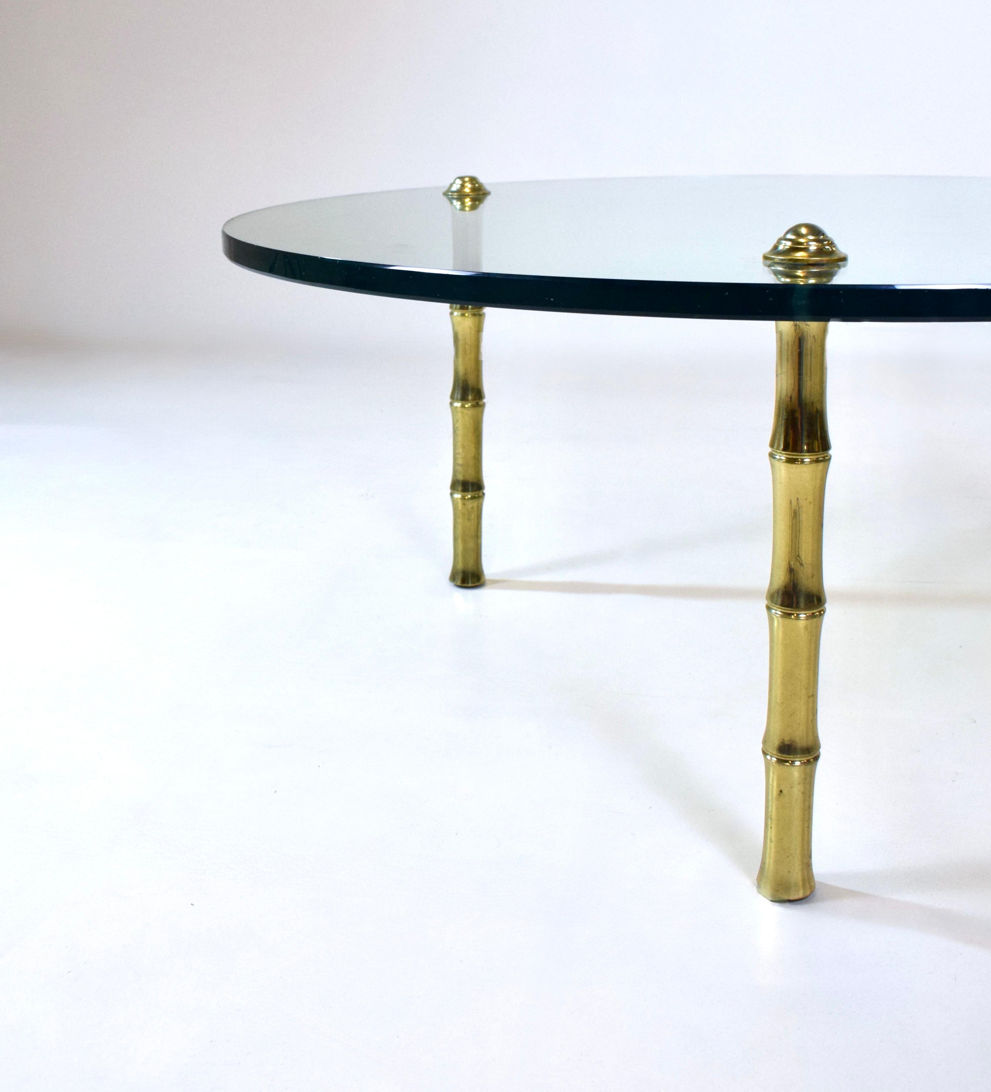 Mid-Century Round Glass, Brass Cocktail Table, Manner of Pepe Mendoza In Good Condition For Sale In Southampton, NJ