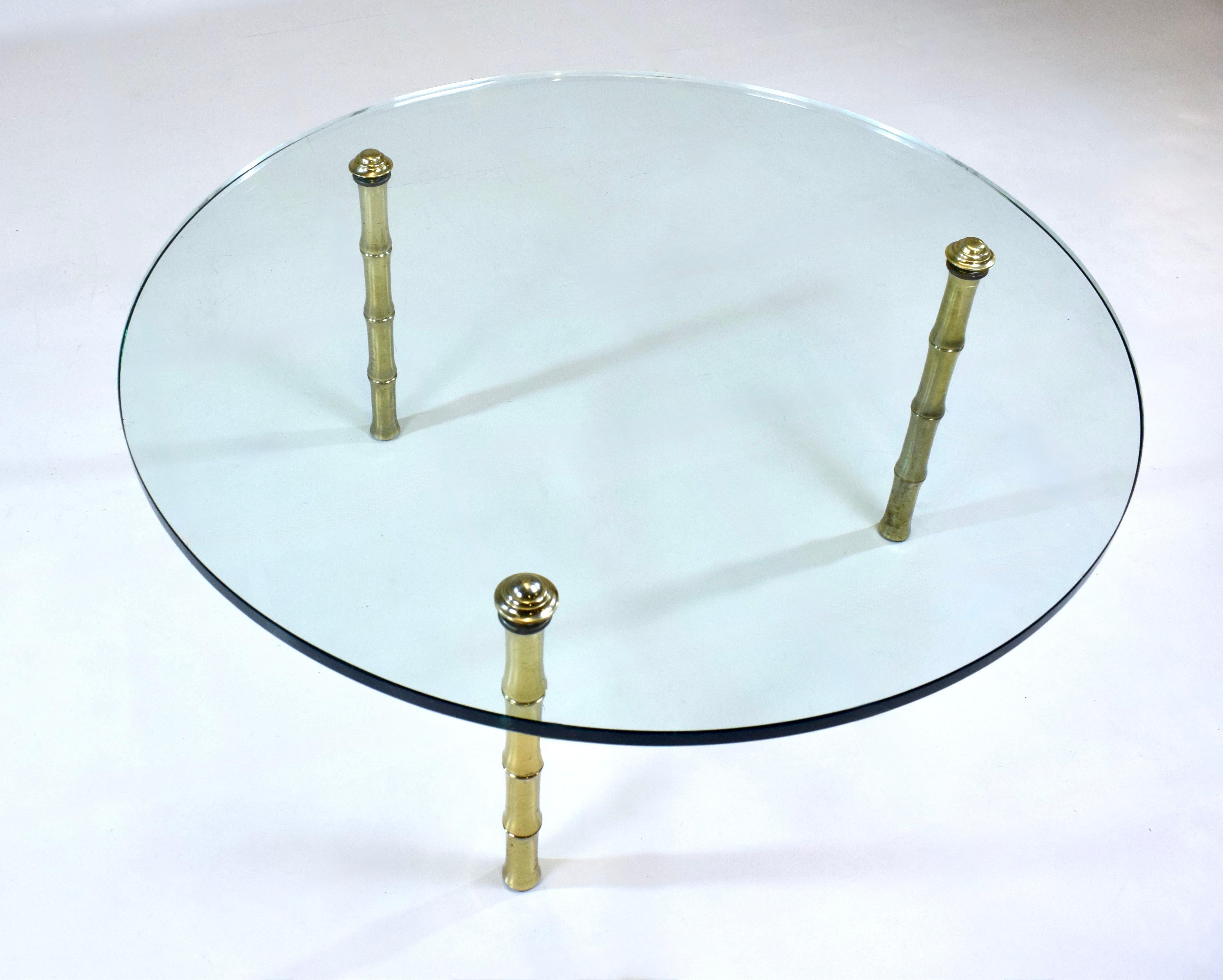 Mid-Century Round Glass, Brass Cocktail Table, Manner of Pepe Mendoza For Sale 1
