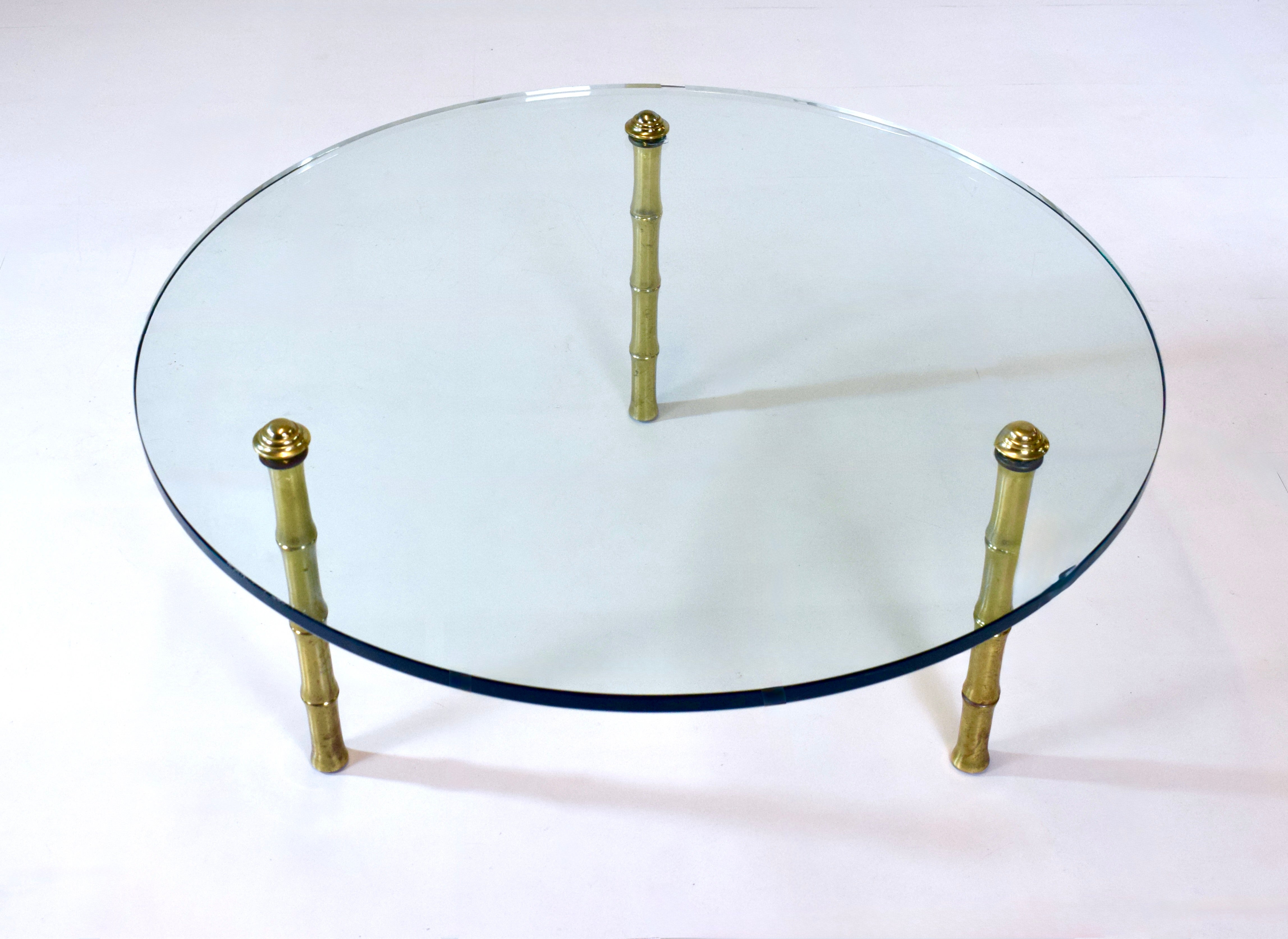 Mid-Century Round Glass, Brass Cocktail Table, Manner of Pepe Mendoza For Sale
