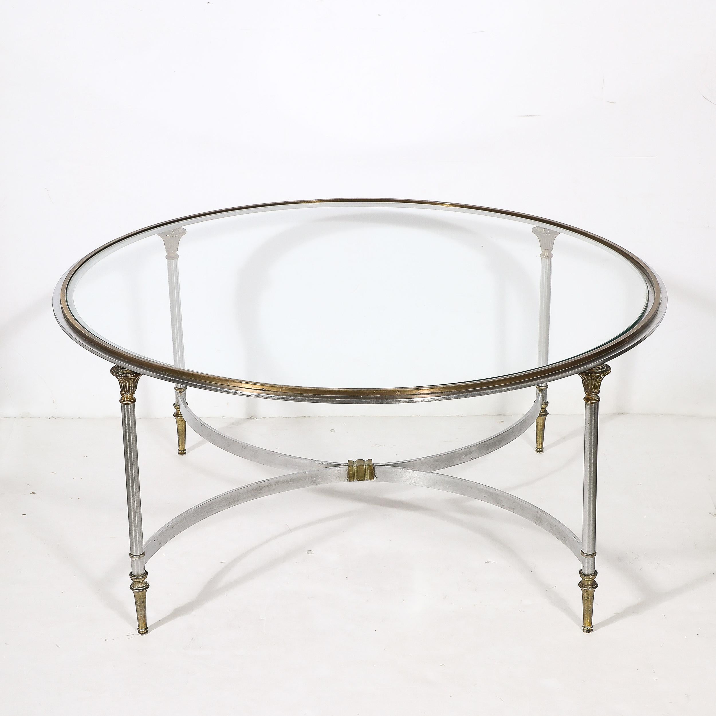 Mid-Century Round Glass, Brass & Steel Cocktail Table, Manner of Maison Jansen For Sale 5
