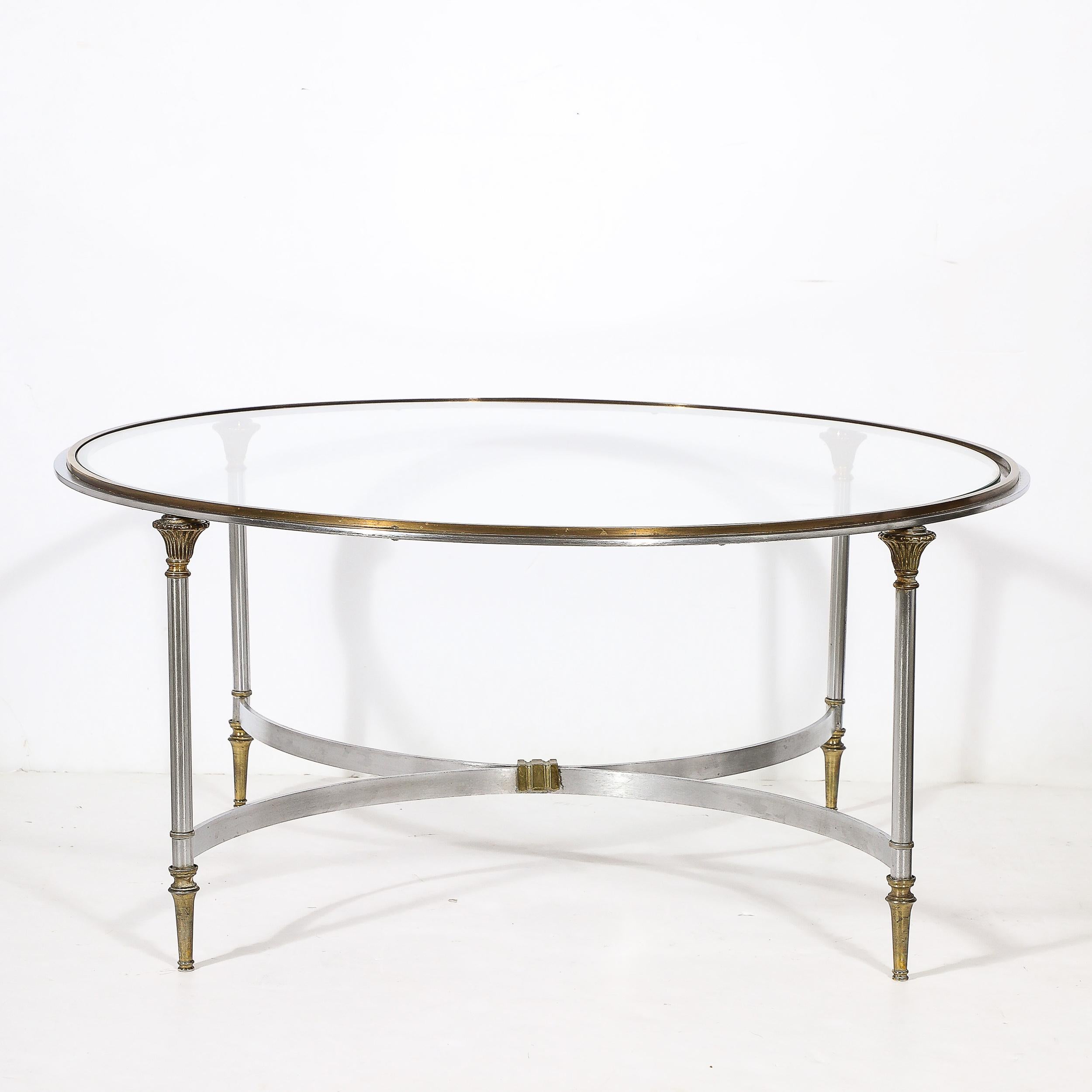 Mid-Century Round Glass, Brass & Steel Cocktail Table, Manner of Maison Jansen For Sale 10