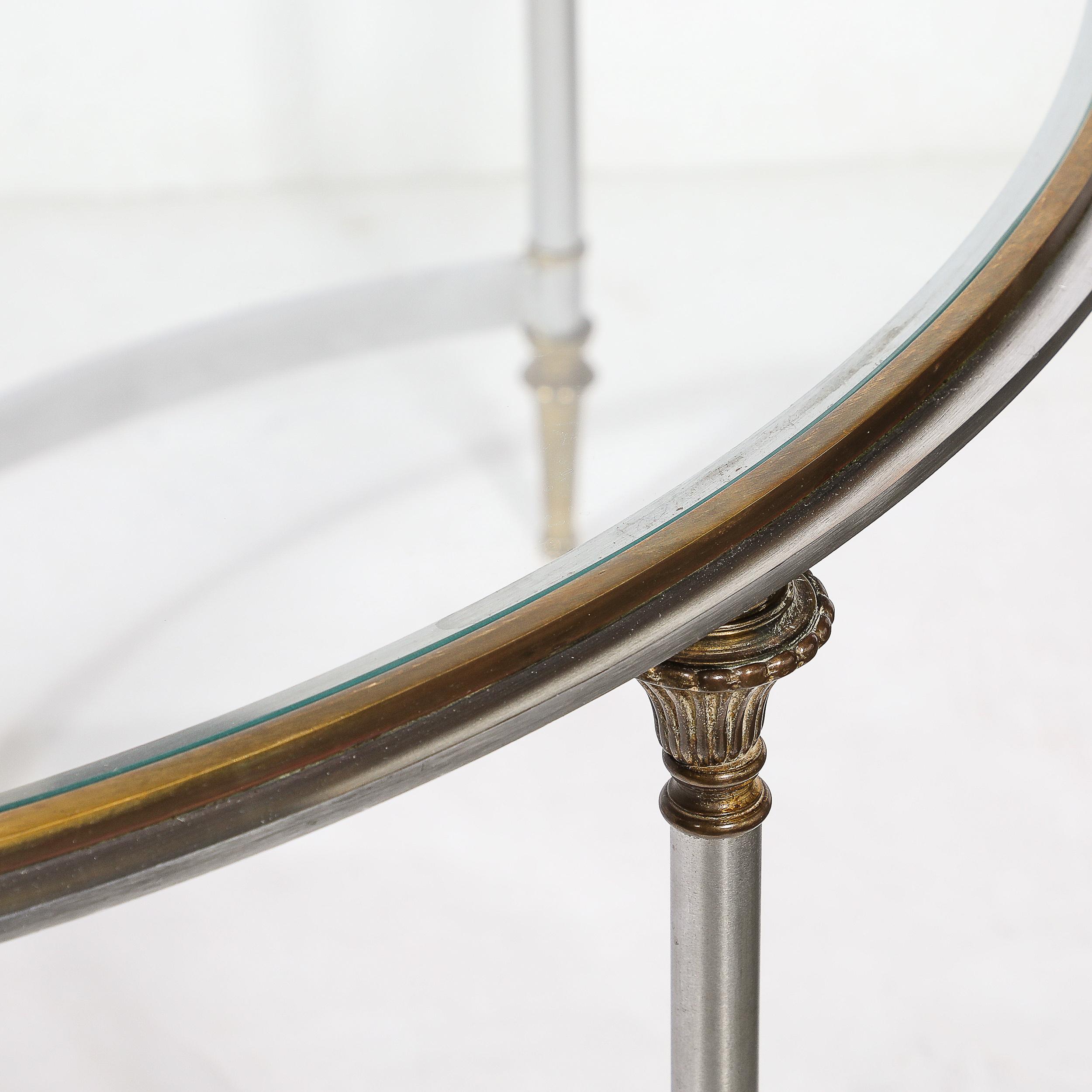 Mid-Century Modern Mid-Century Round Glass, Brass & Steel Cocktail Table, Manner of Maison Jansen For Sale