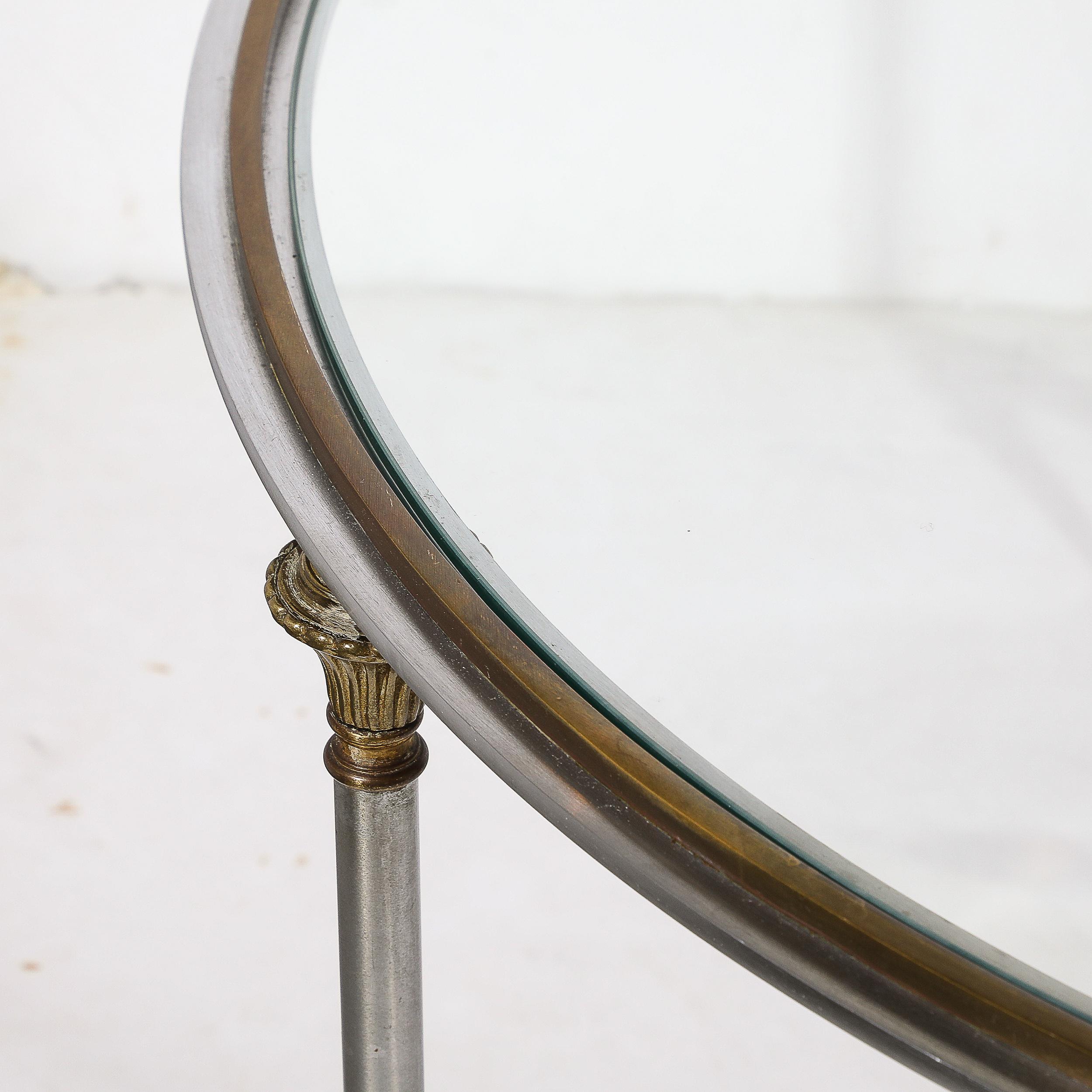 Mid-Century Round Glass, Brass & Steel Cocktail Table, Manner of Maison Jansen In Excellent Condition For Sale In New York, NY