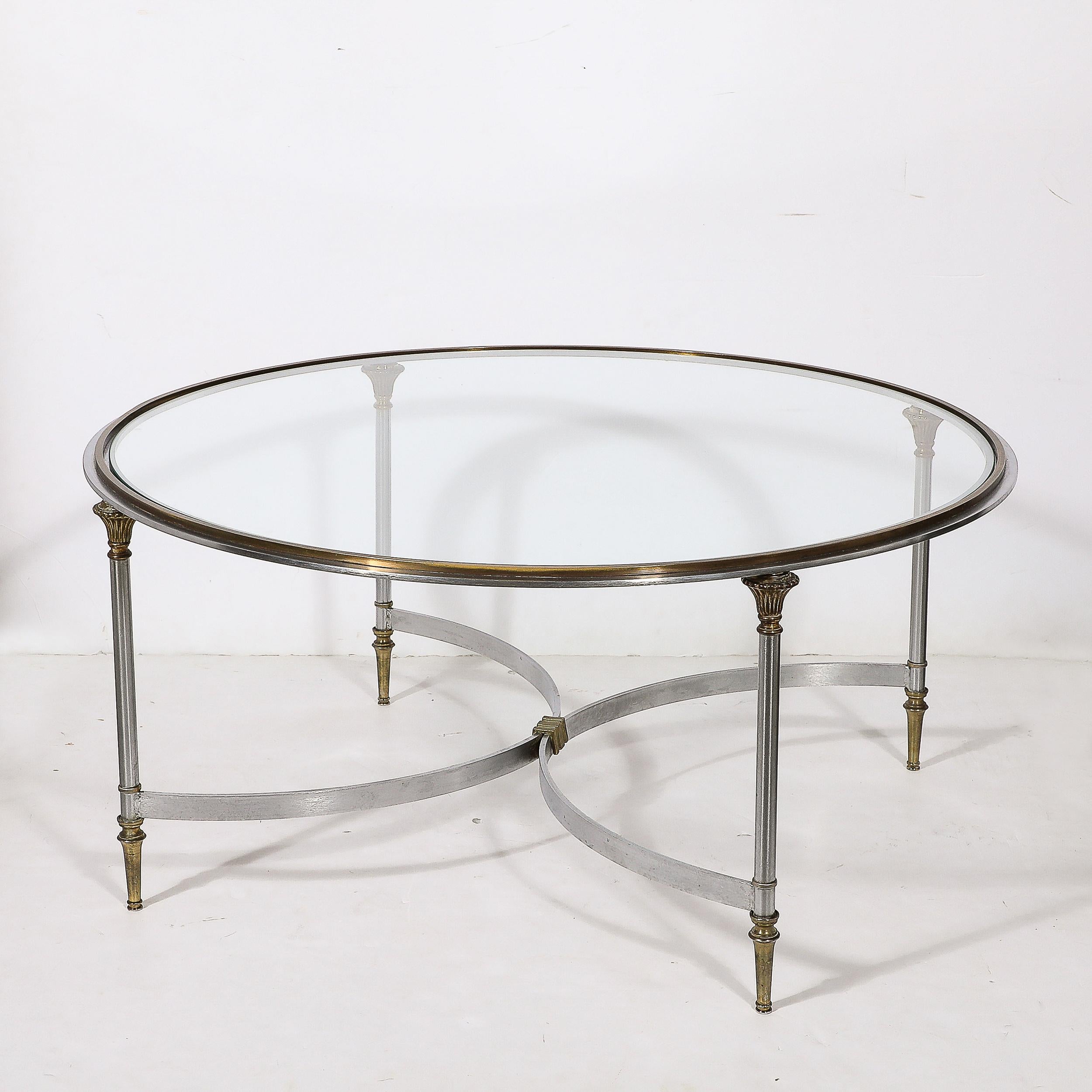 Mid-20th Century Mid-Century Round Glass, Brass & Steel Cocktail Table, Manner of Maison Jansen For Sale