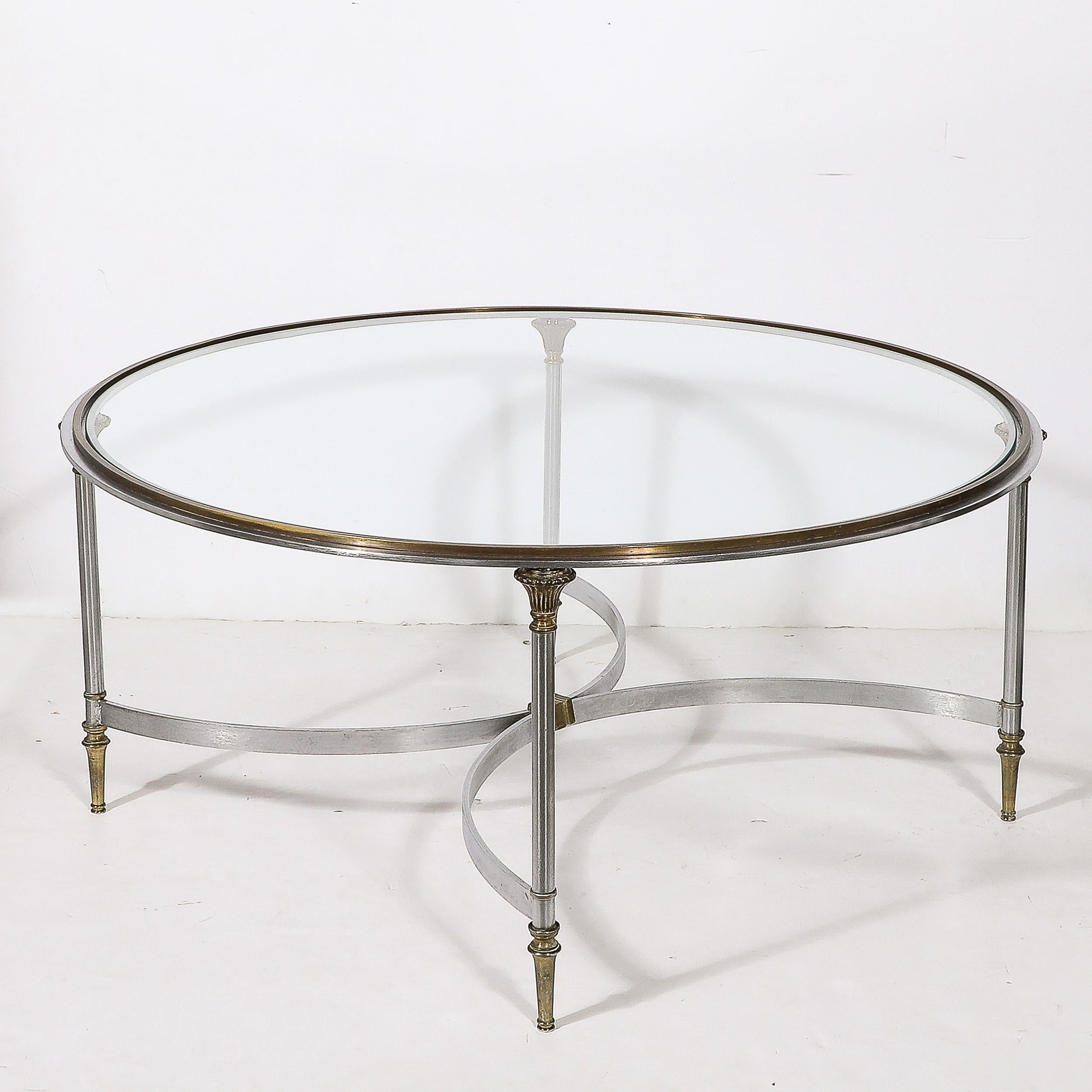 Mid-Century Round Glass, Brass & Steel Cocktail Table, Manner of Maison Jansen For Sale 1