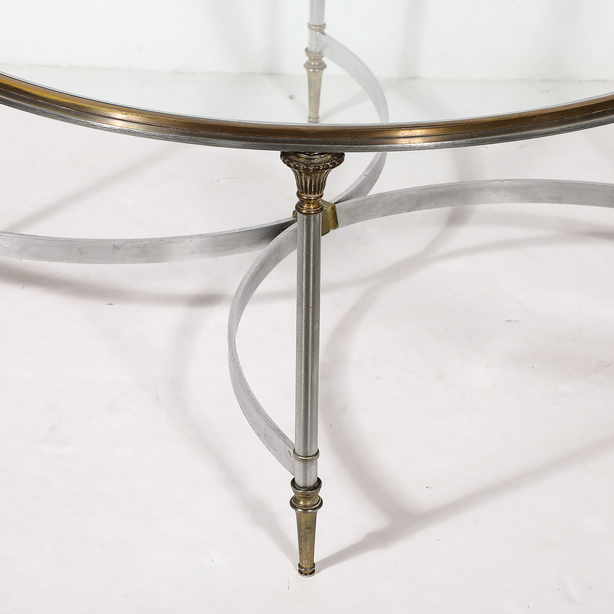 Mid-Century Round Glass, Brass & Steel Cocktail Table, Manner of Maison Jansen For Sale 2