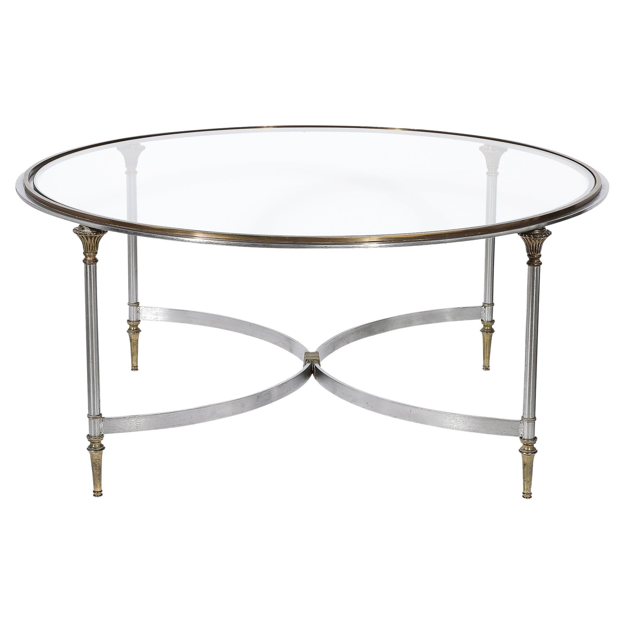 Mid-Century Round Glass, Brass & Steel Cocktail Table, Manner of Maison Jansen For Sale