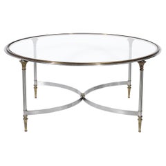 Vintage Mid-Century Round Glass, Brass & Steel Cocktail Table, Manner of Maison Jansen