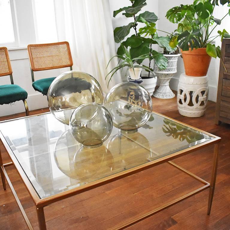 Mid-Century Modern Midcentury Round Glass Coffee Table Globes Orbs in Green Brown