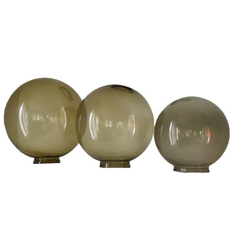 Midcentury Round Glass Coffee Table Globes Orbs in Green Brown