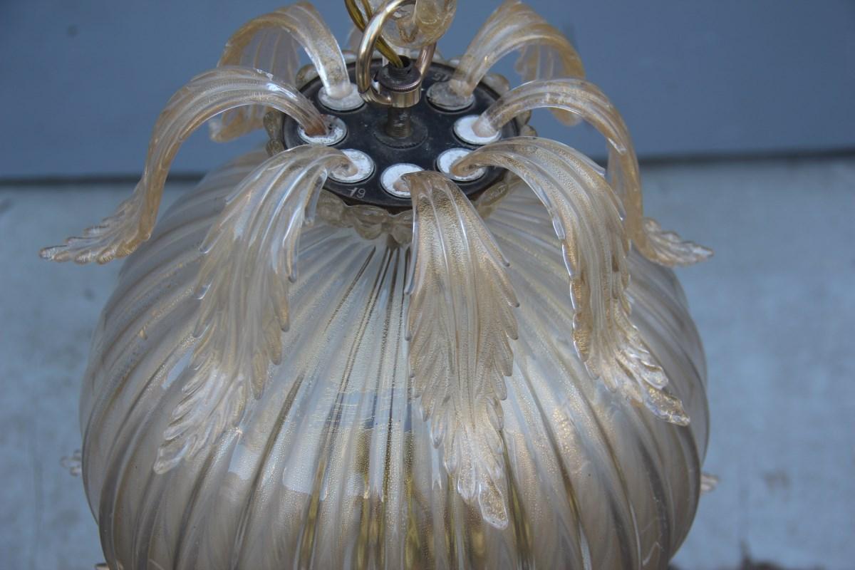 Midcentury Round Lantern Archimede Seguso Gold Murano Glass Leaves Brass Part 7