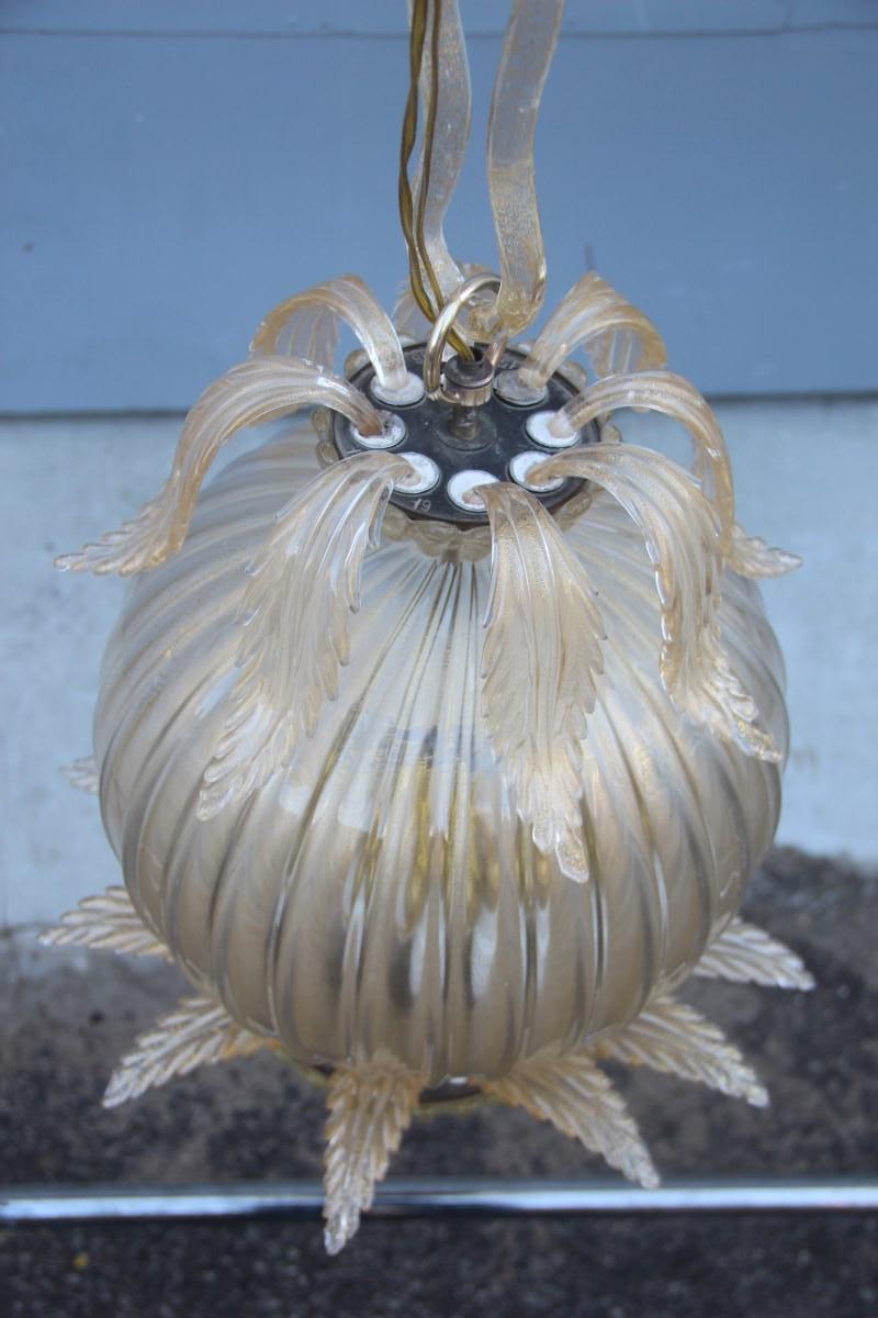 Midcentury Round Lantern Archimede Seguso Gold Murano Glass Leaves Brass Part 8