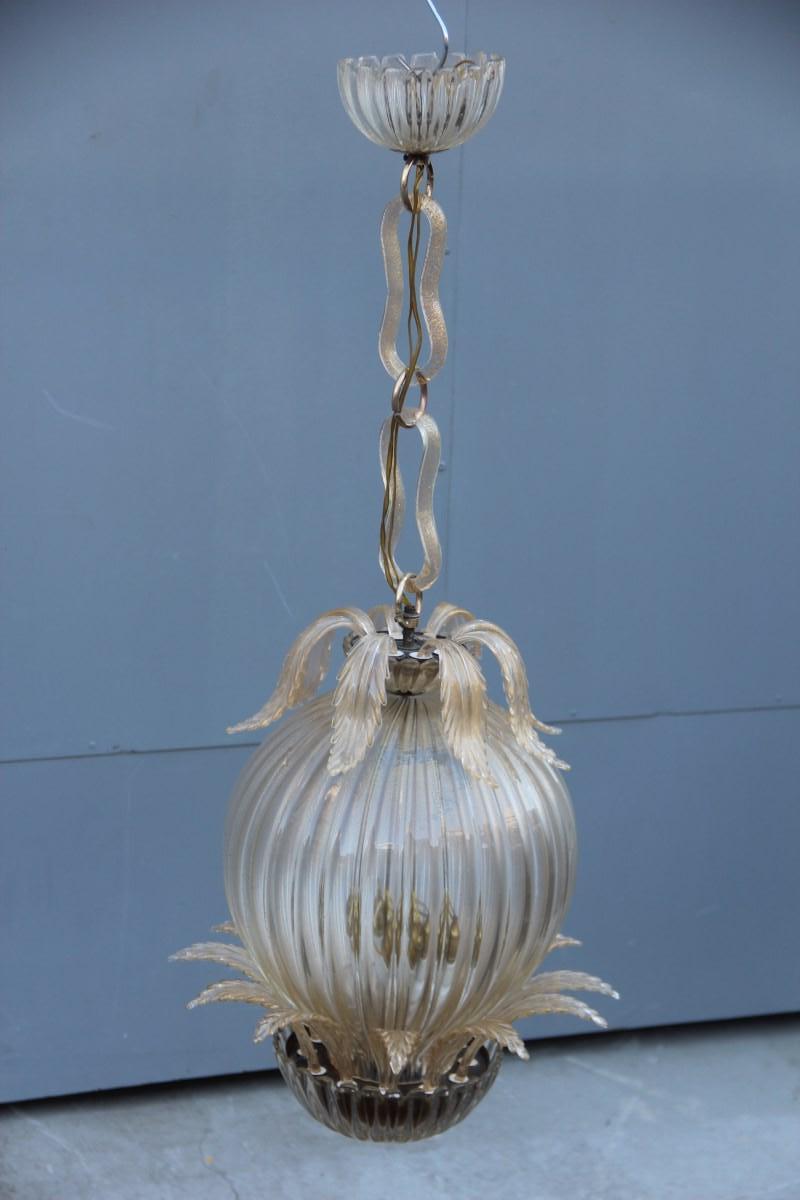 Midcentury Round Lantern Archimede Seguso Gold Murano Glass Leaves Brass Part 12