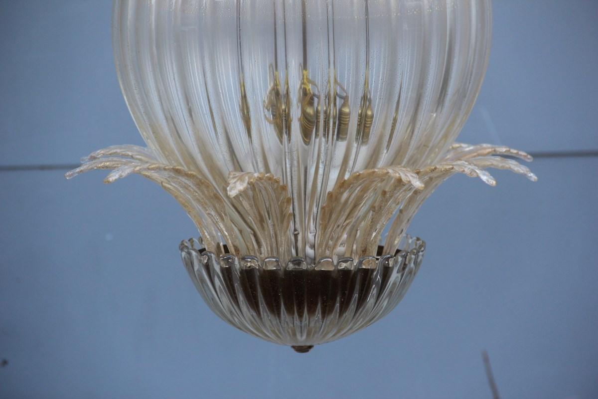 Midcentury Round Lantern Archimede Seguso Gold Murano Glass Leaves Brass Part In Good Condition In Palermo, Sicily