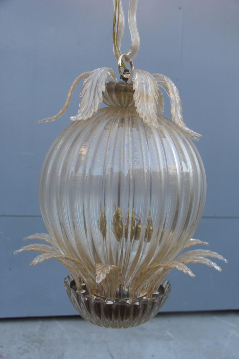 Midcentury Round Lantern Archimede Seguso Gold Murano Glass Leaves Brass Part 1