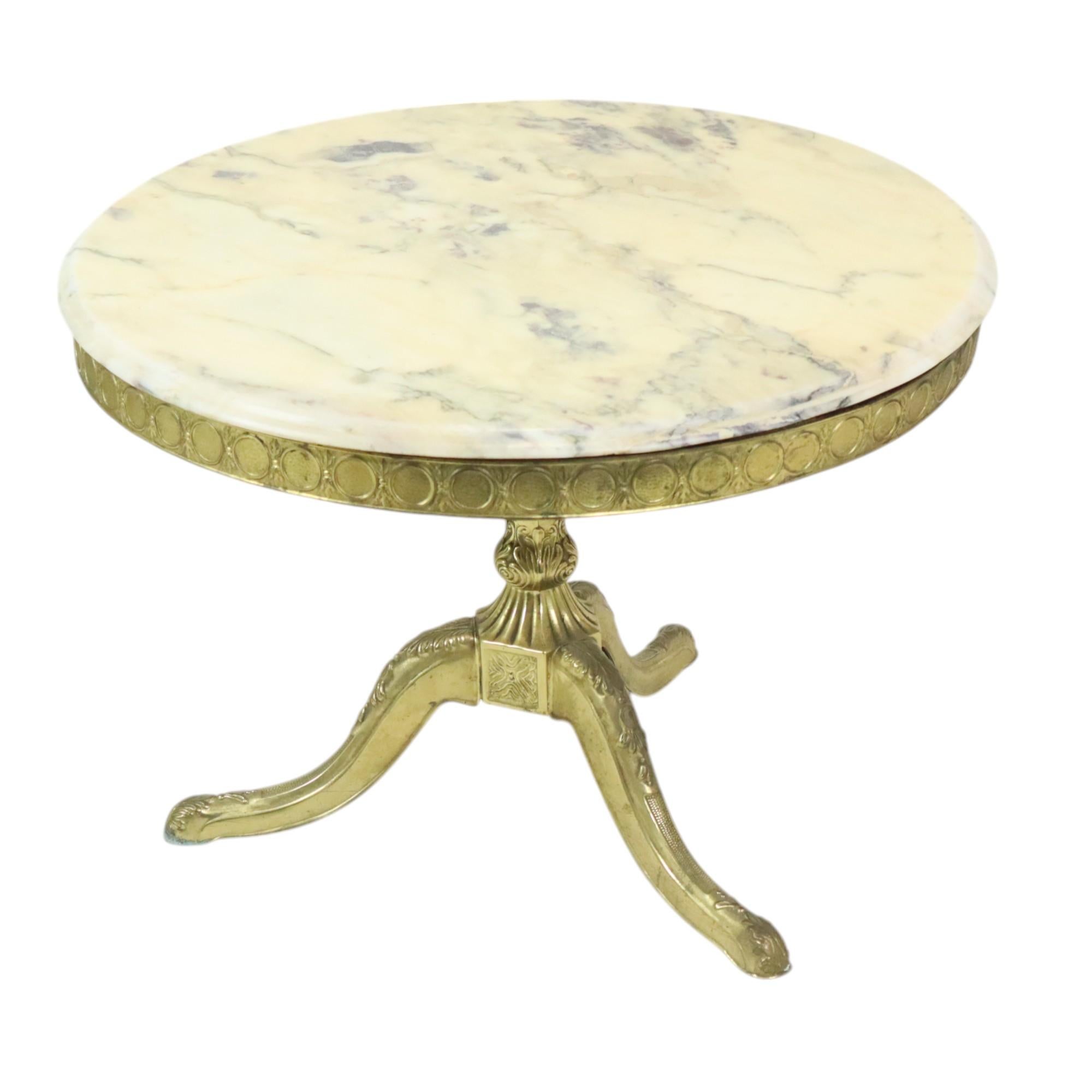Baroque Mid Century Round Marble Coffee Table Side Table Brass For Sale