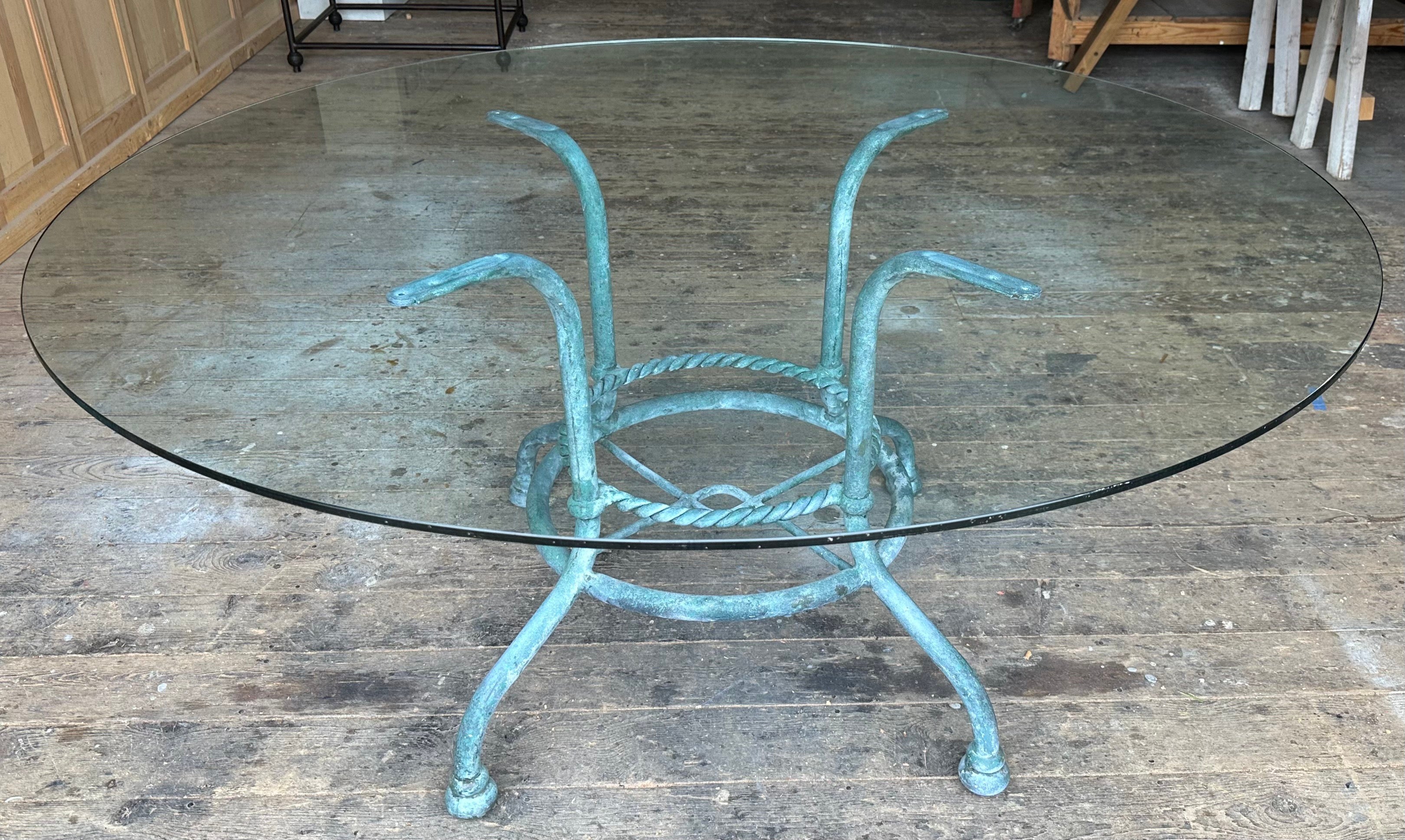 Beautifully styled Mid-Century Modern Round dining table base in cast 
aluminum with roping detail -- wonderful weathered faux finish with a great aged patina look.
Use it with a glass top with or without a center hole for an umbrella.  Table can be