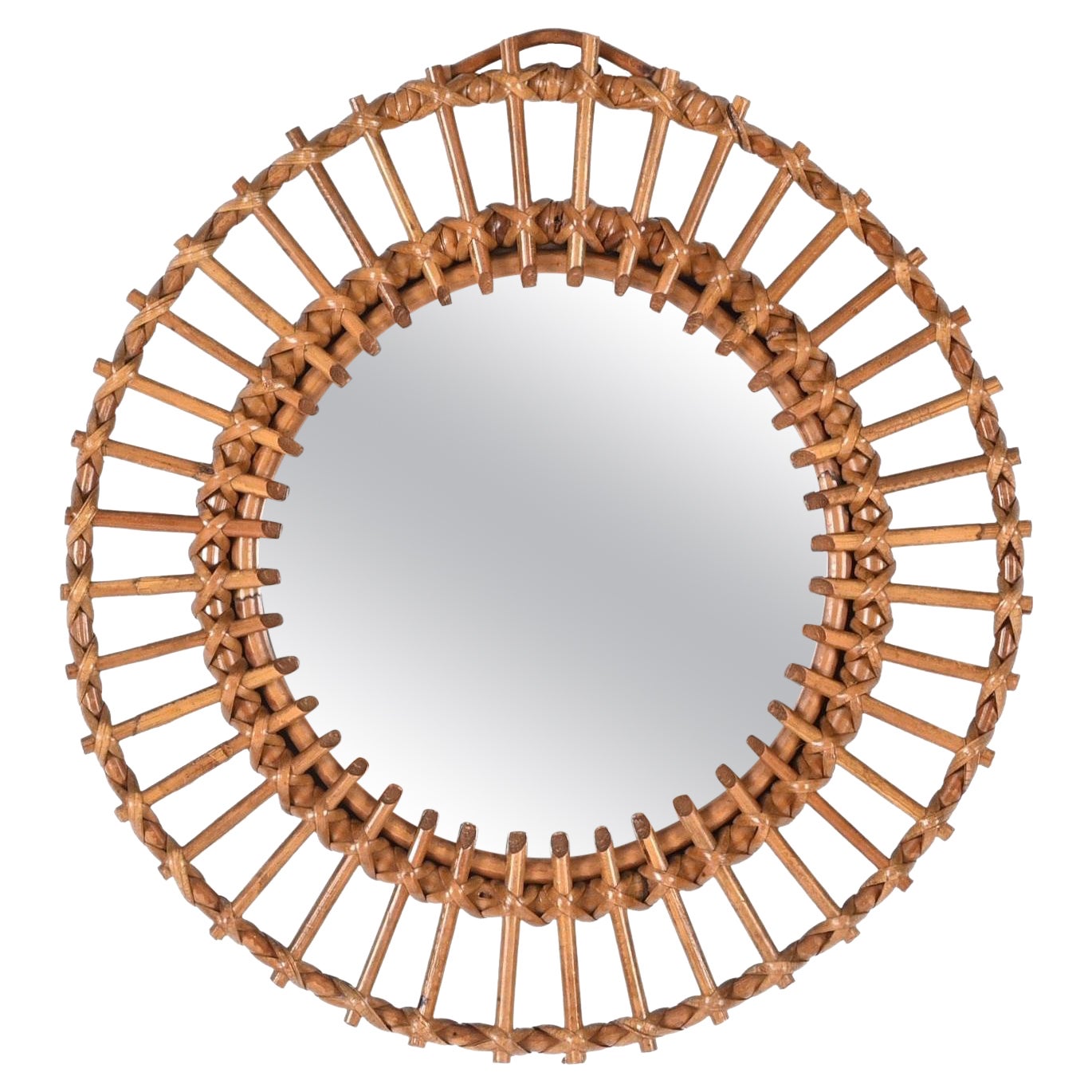 Miroir rond du milieu du siècle en rotin et bambou, Italie, années 1960