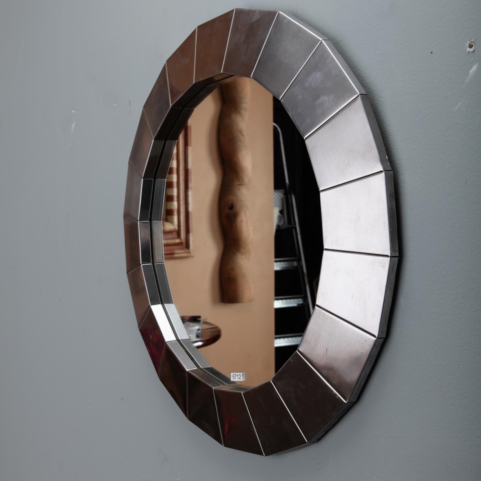 European Midcentury Round Mirror with Brushed Aluminum Frame