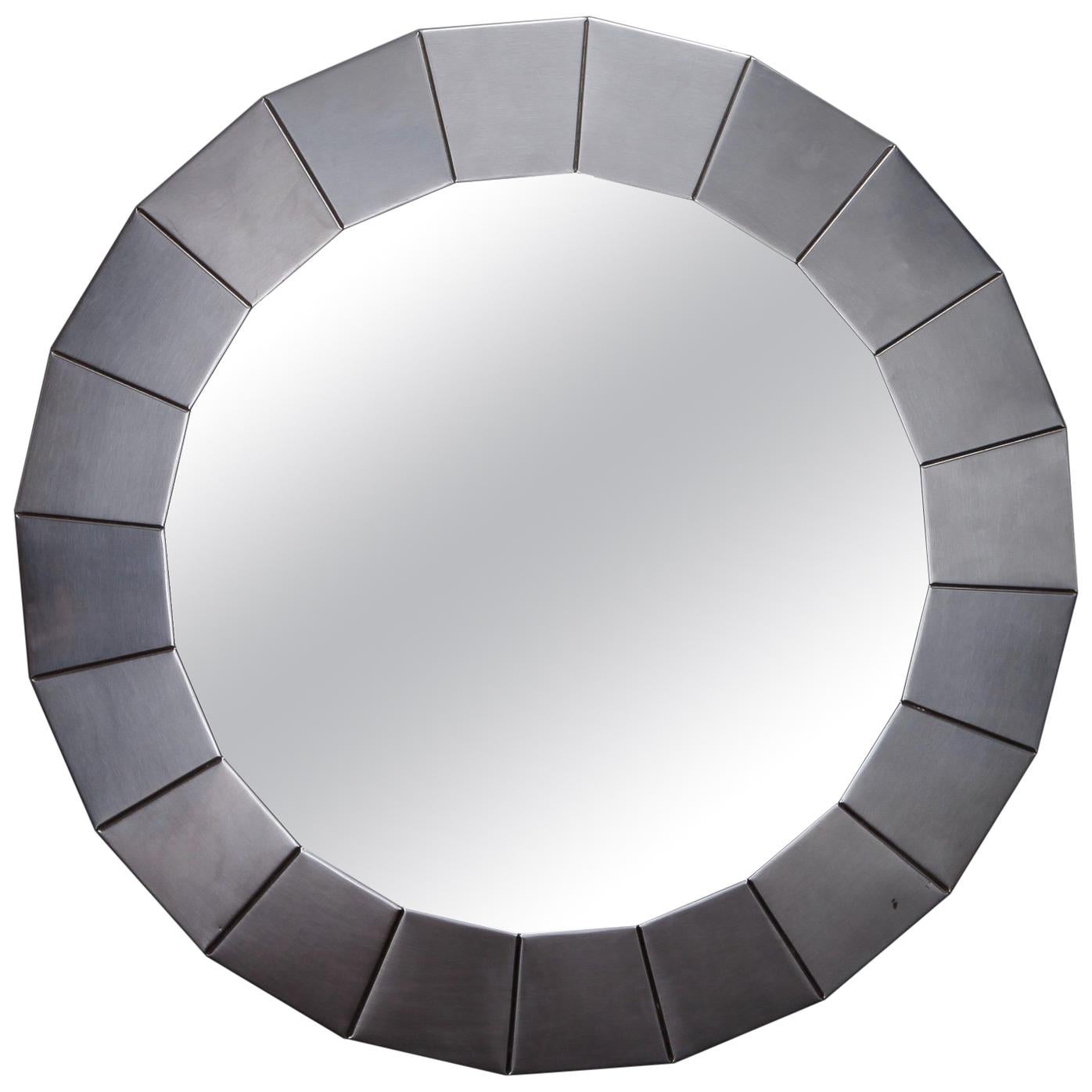 Midcentury Round Mirror with Brushed Aluminum Frame