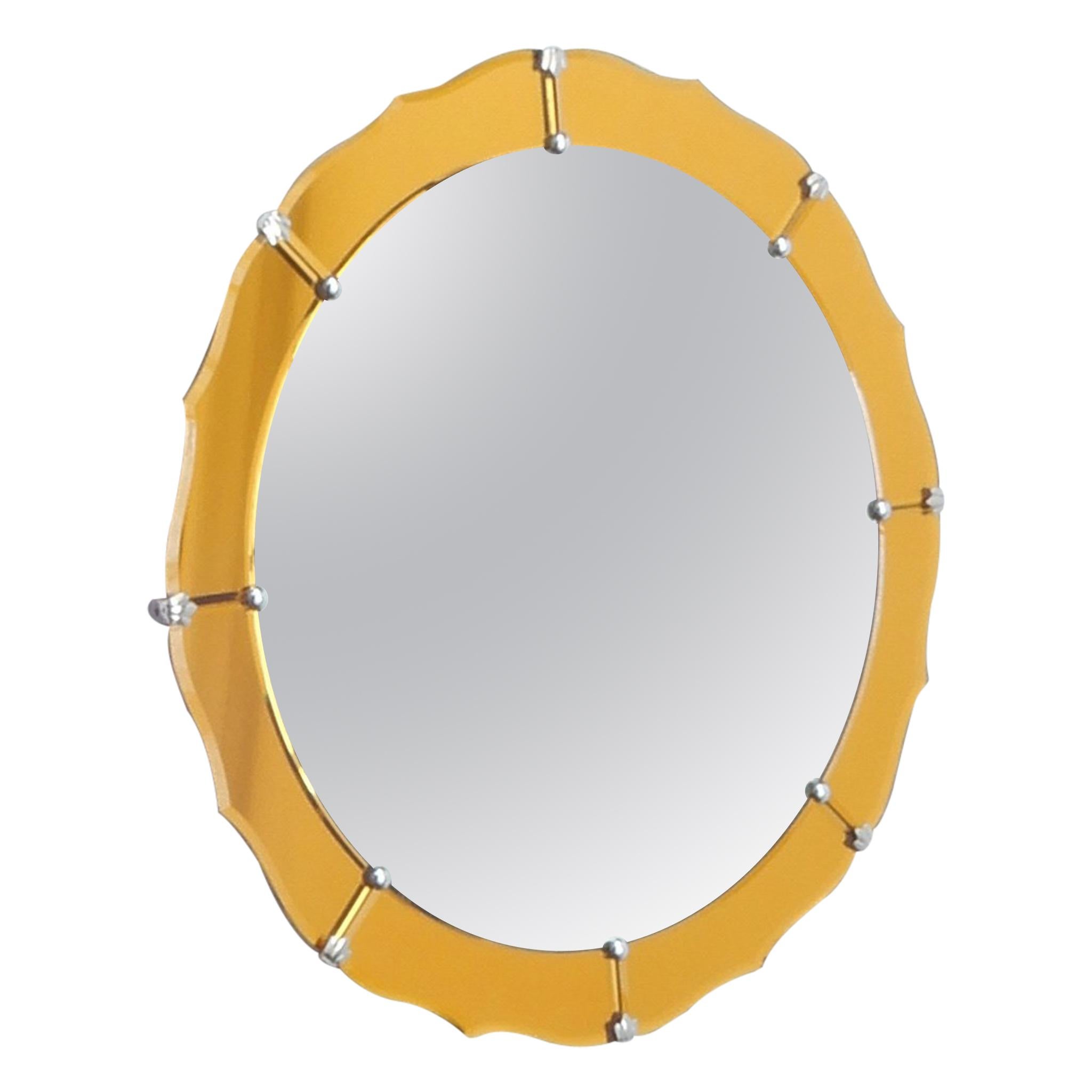 Midcentury Round Mirror with Yellow Orange Frame