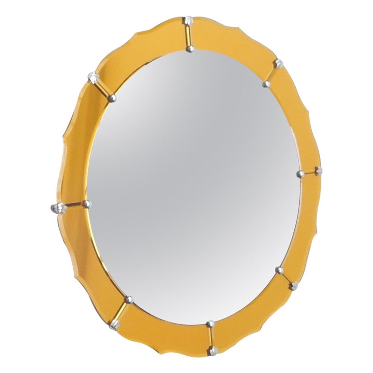 Midcentury Round Mirror with Yellow Orange Frame at 1stDibs