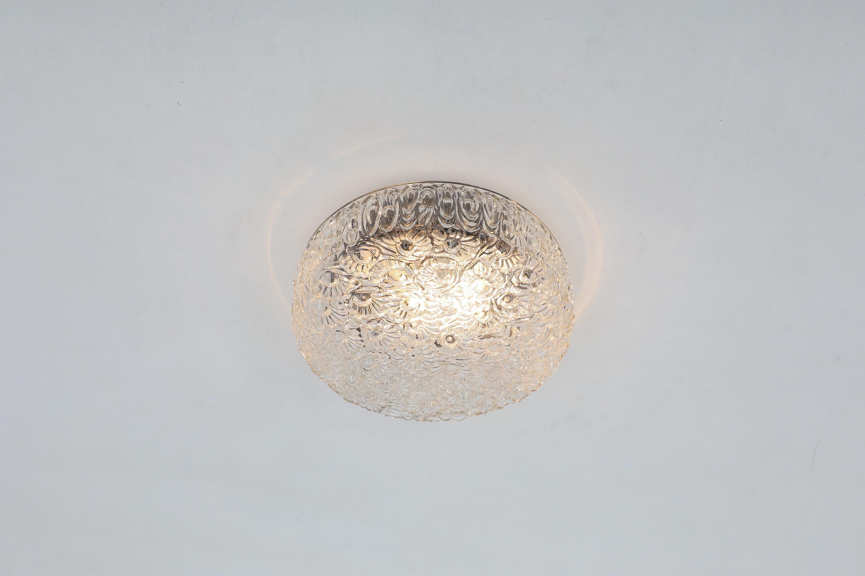 Dutch Mid-Century Round Molded Glass Flower Fixed Ceiling Light or Wall Sconce For Sale