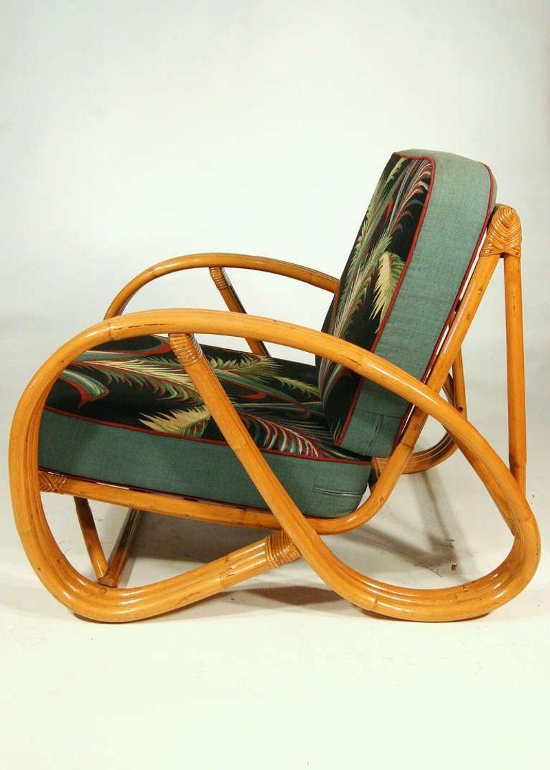 Restored Mid Century Round Pretzel Arm Rattan Chair Set In Excellent Condition In Van Nuys, CA