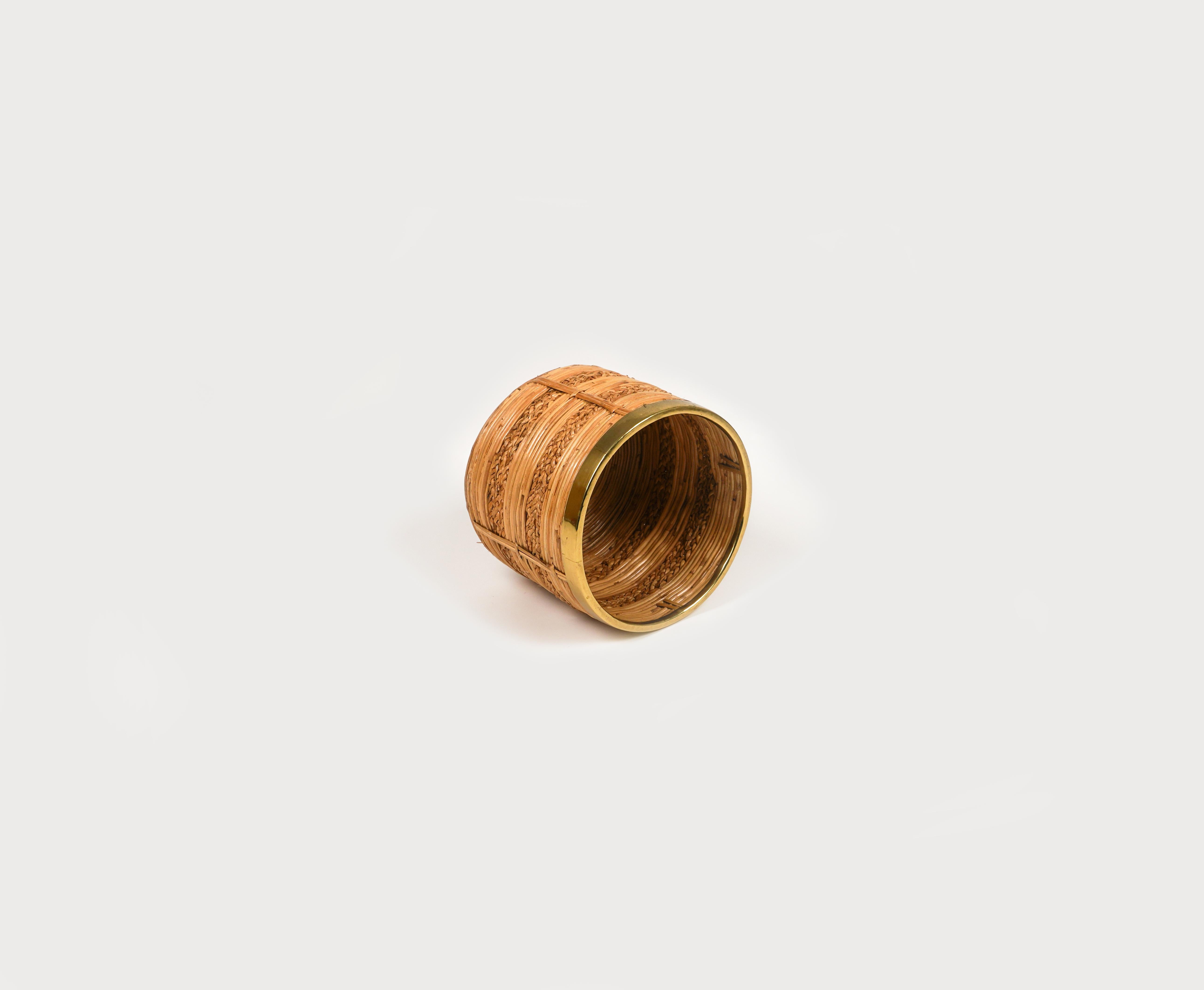 Mid-Century Round Rattan, Bamboo and Brass Basket or Planter, Italy 1970s 1