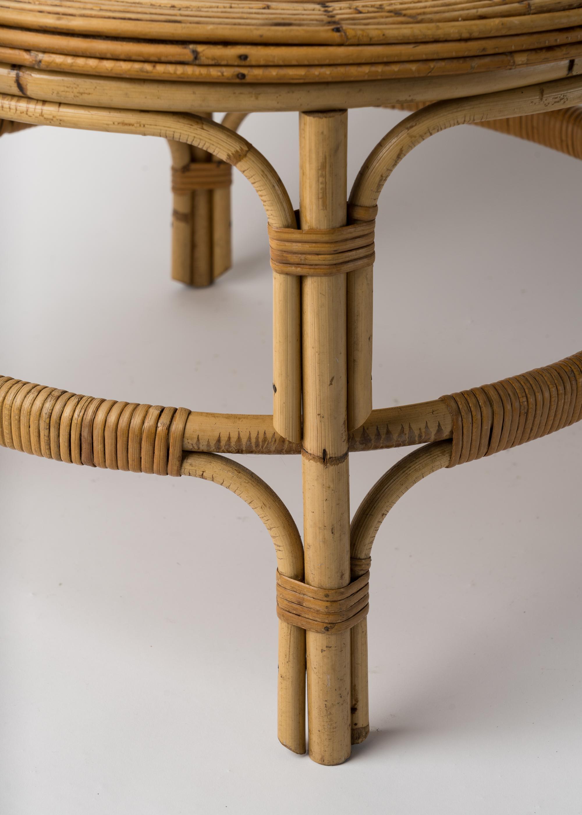 Mid-Century Round Rattan Table in the Style of Audoux Minnet, France, 1960's In Good Condition In New York, NY